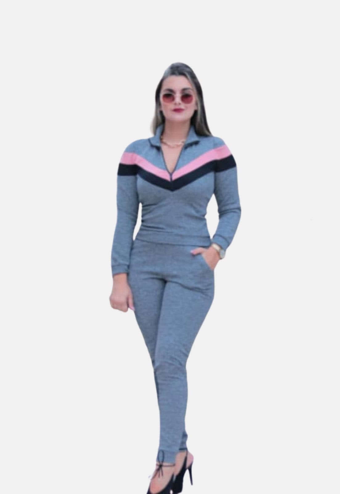 Vista principal Conjunto Agasalho Summer Body Malha Crepe com Zíper gola alta Summer Body cinza/preto/rosa