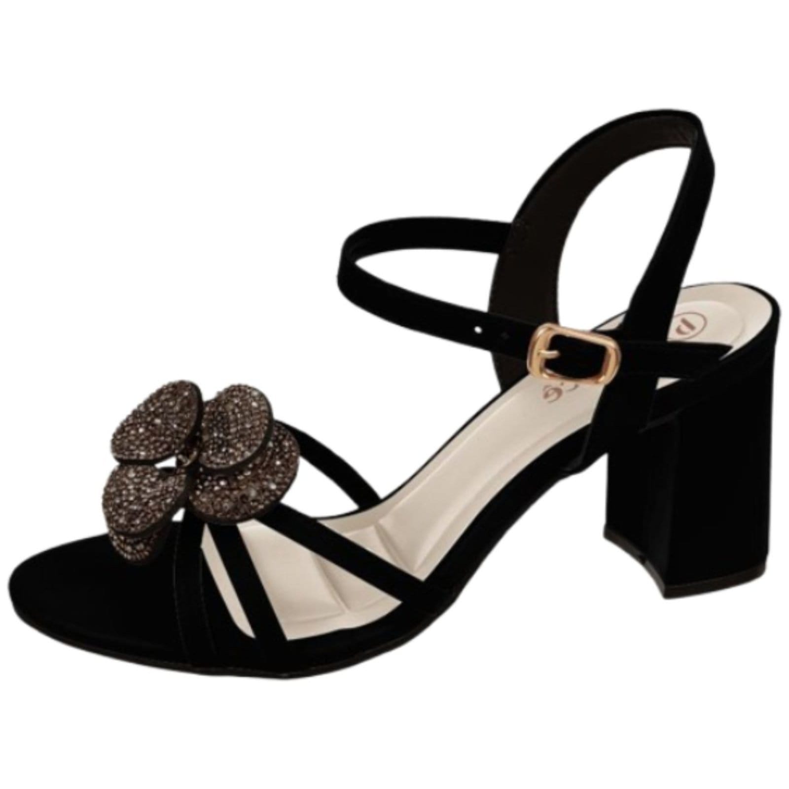 Sandália Feminina Salto Bloco Grosso Médio Preta Brilho Flor