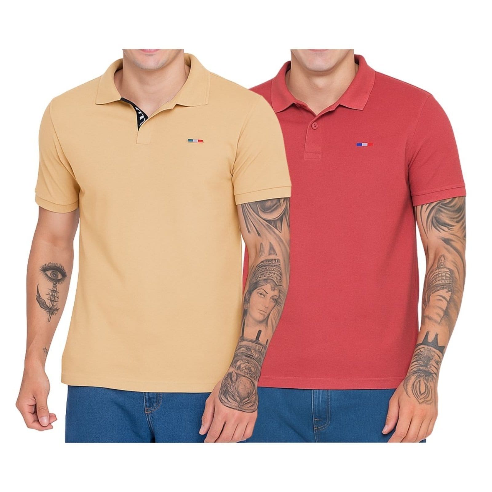 Kit 2 Polos Masculina Básicas FMFBege Claro e Coral Piquet no Estilo Tommy Bordado França
