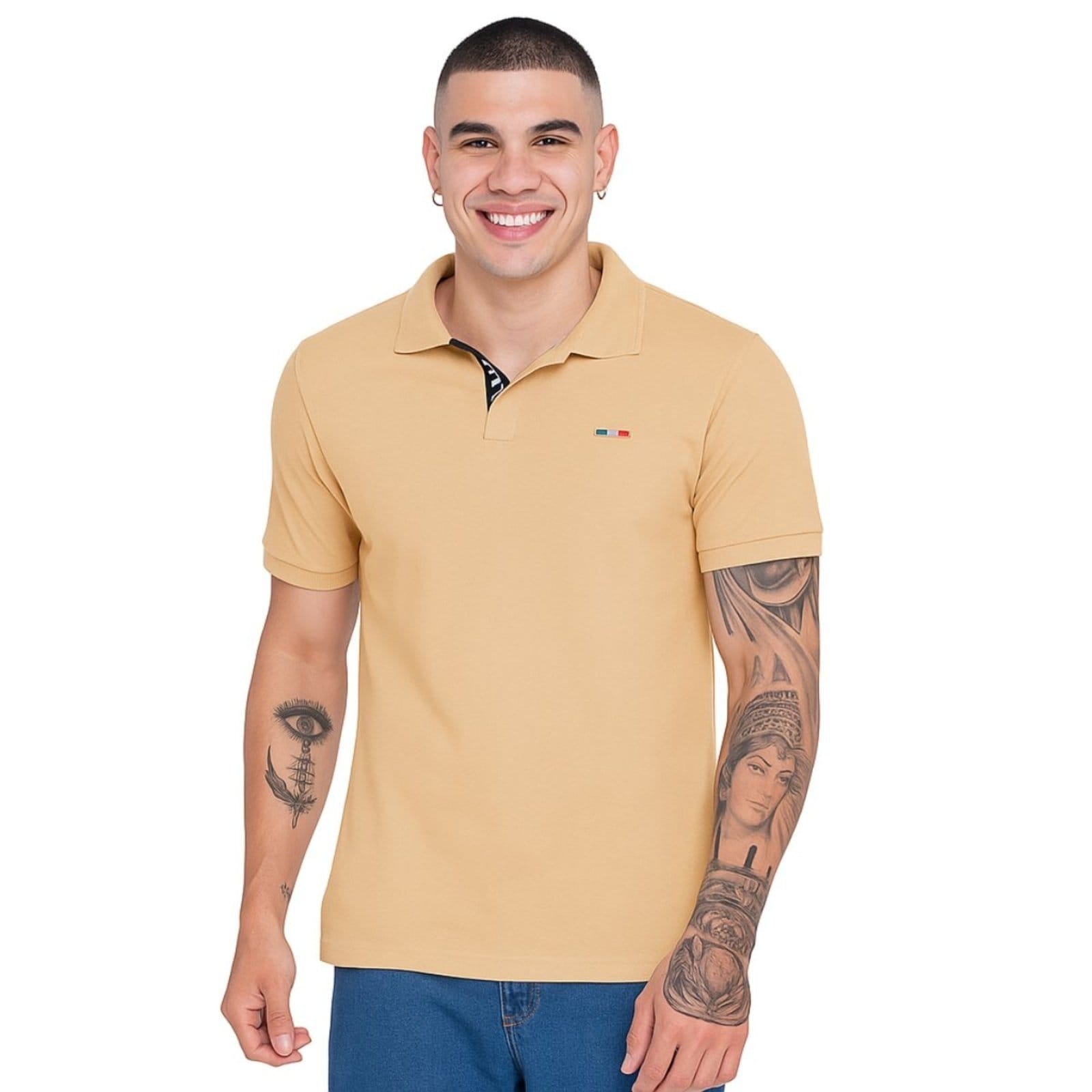 Vista 2 Kit 2 Polos Masculina Básicas FMFBege Claro e Coral Piquet no Estilo Tommy Bordado França FMF bege coral