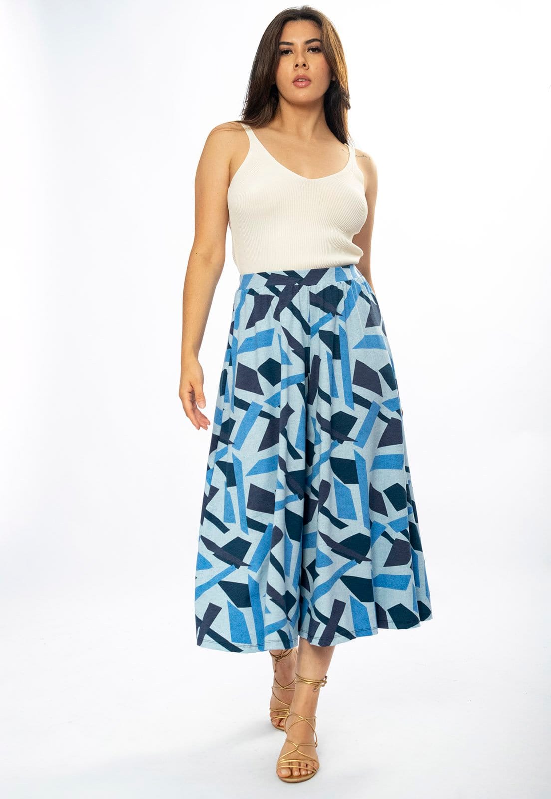 Calça Amazonia Vital Pantacourt Saia Malha Macaúba Estampa Caminhos de Azul