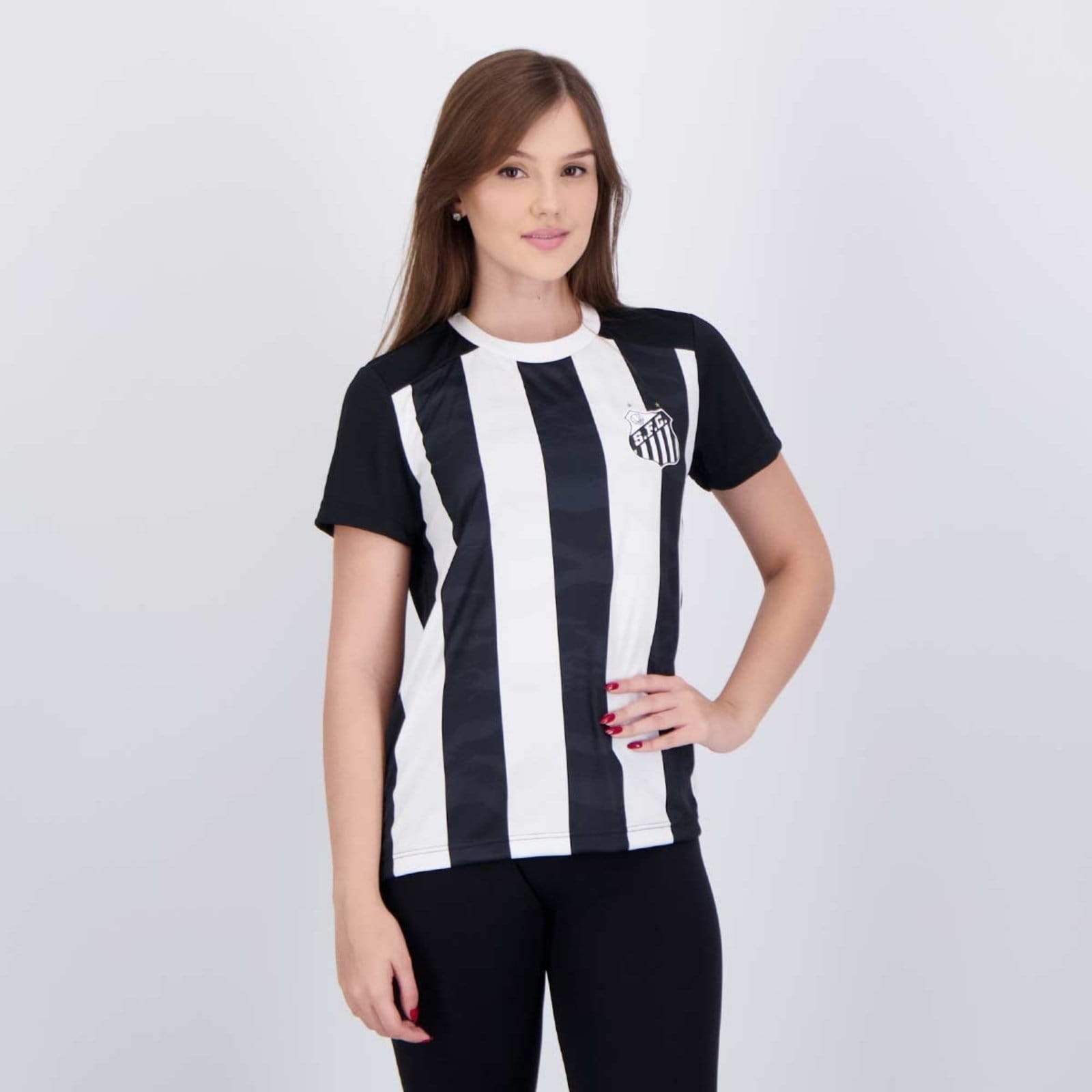 Vista 2 Camisa Santos Matriz Feminina Preta e Branca braziline preto