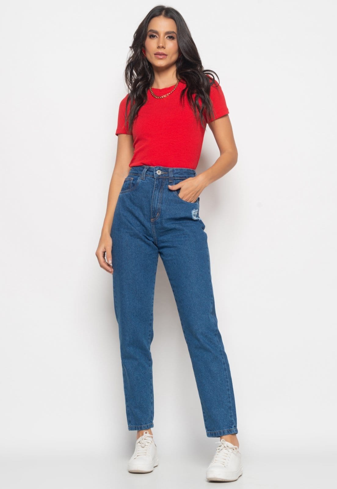 Vista 2 Calça Mom Jeans Escuro Salvatore Fashion azul