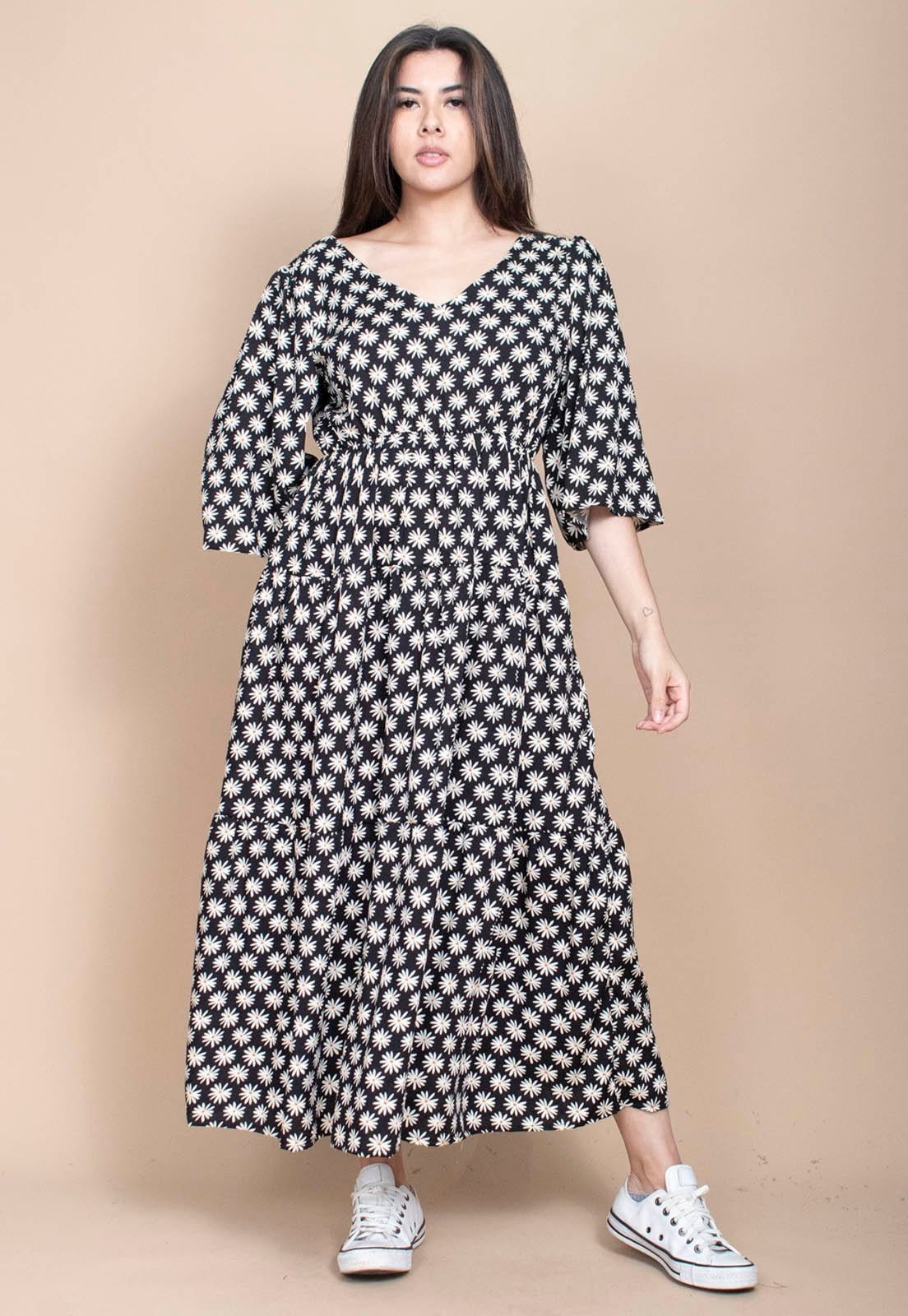 Vista 2 Vestido Longo Cabanafree Plano com Manga e Camadas Estampa Encanto das Margaridas Cabanafree amarelo/estampado/off-white