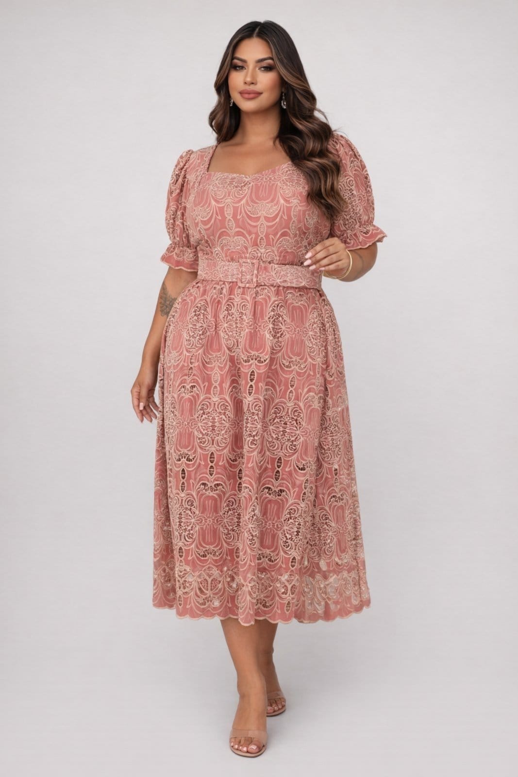 Vestido Midi Plus Size D Bell Outlet Fashion Manga Princesa Com Cinto