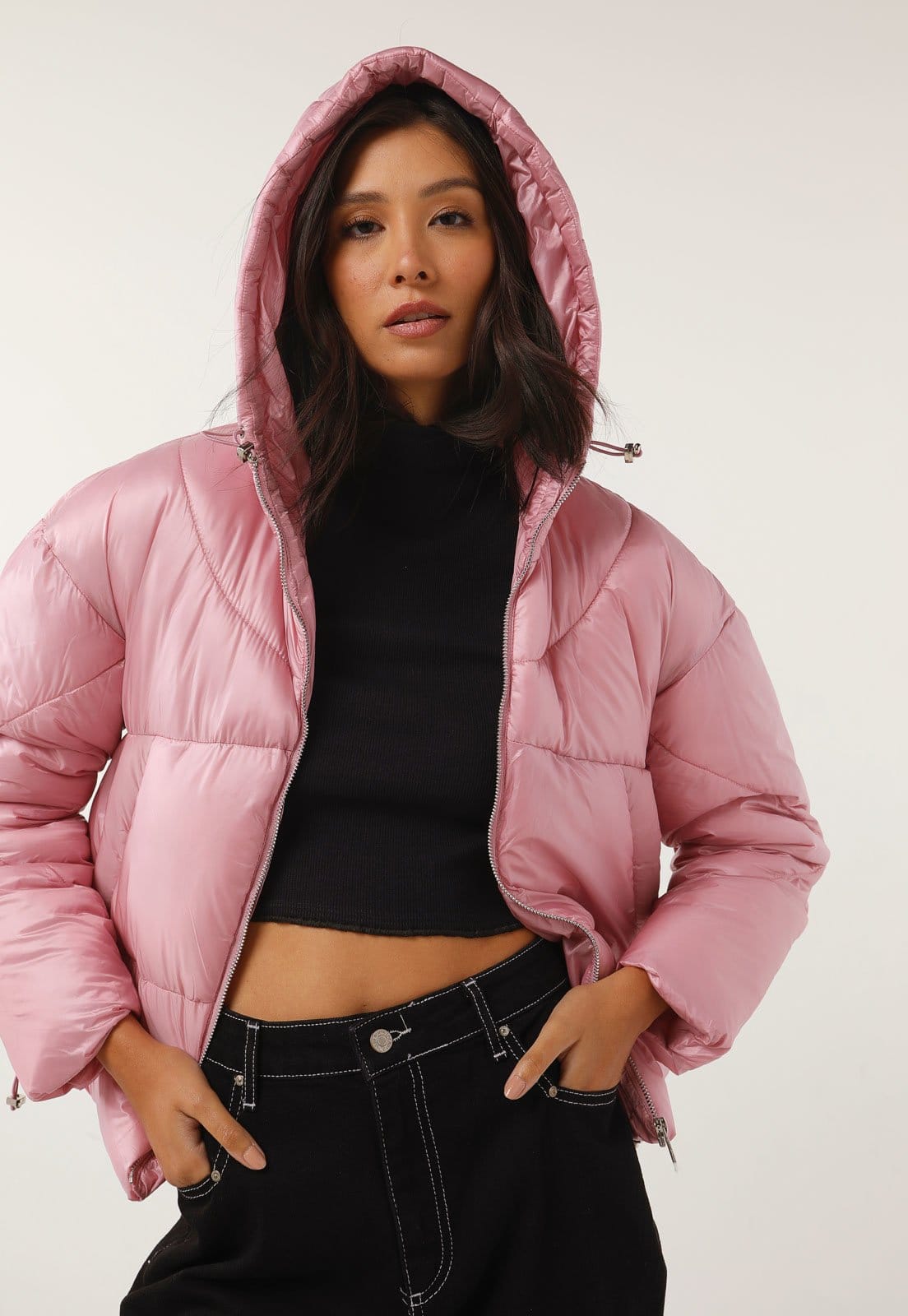 Vista principal Jaqueta Puffer Facinelli by MOONCITY Capuz Facinelli rosa