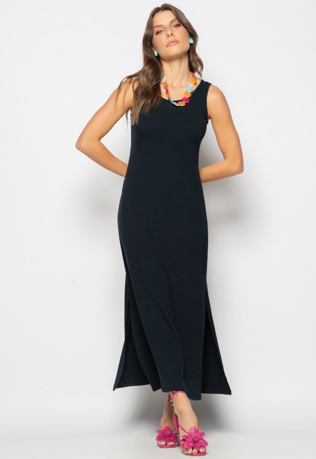 Vista 2 Vestido Longo Regata Com Fenda Canelado Salvatore Salvatore Fashion preto