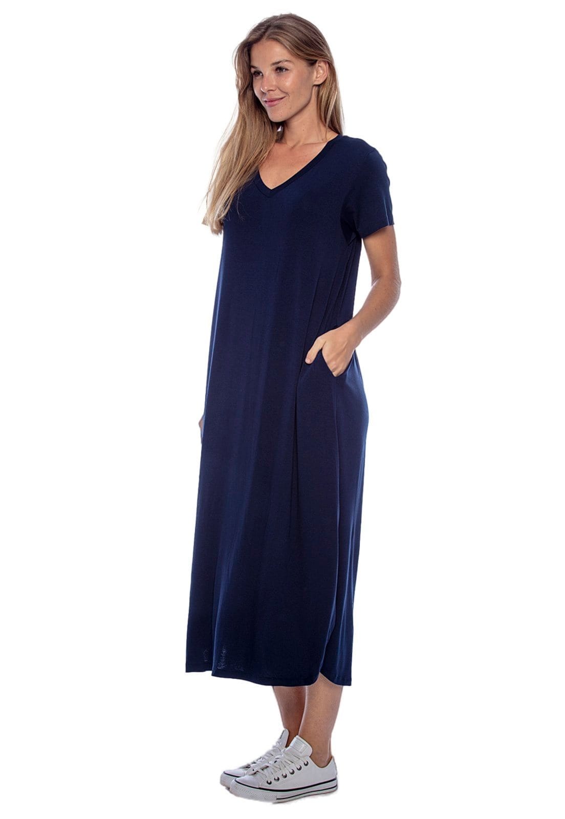 Vista 2 Vestido Midi Amplo Malha com Bolso Amazonia Vital Azul Amazonia Vital azul marinho