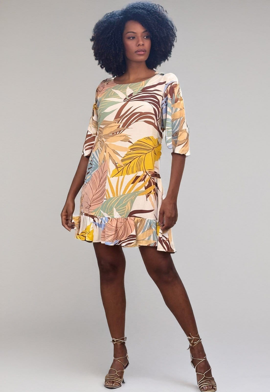 Vista principal Vestido Amazonia Vital Curto Viscose Estampa Aurora Suave Amazonia Vital amarelo/branco