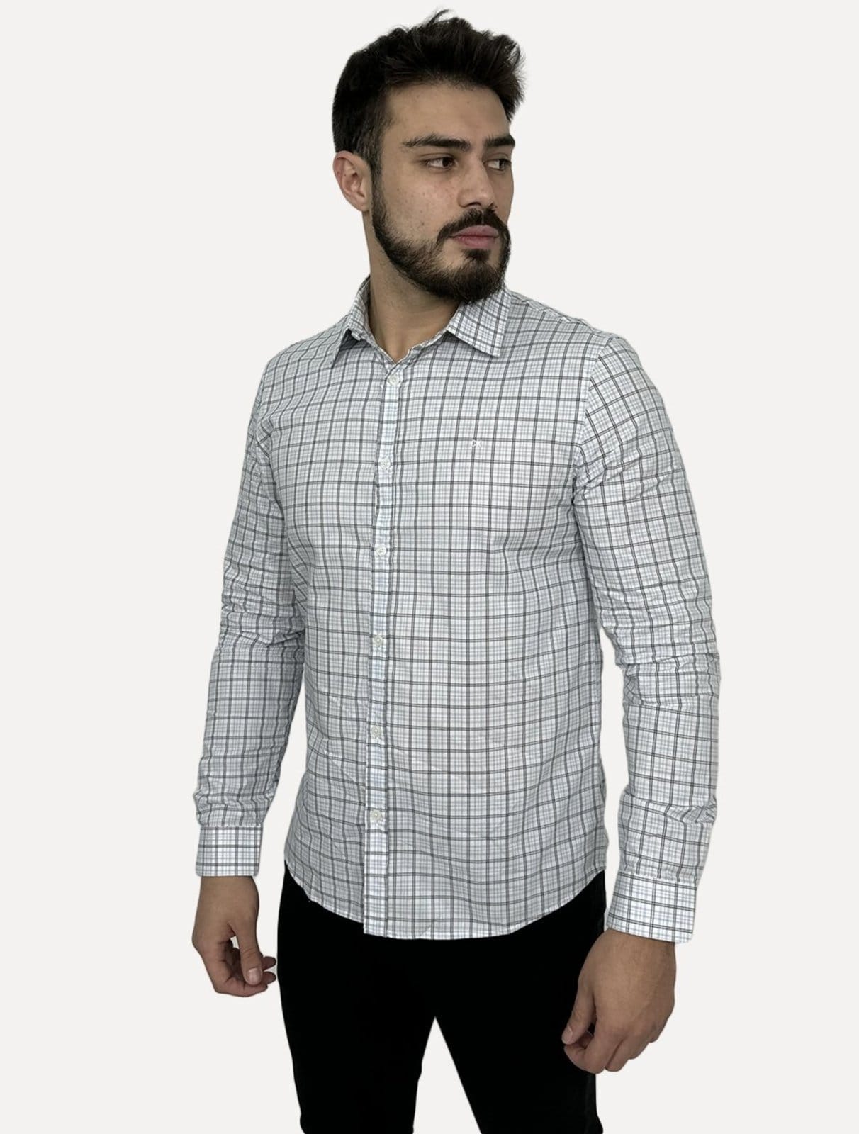 Camisa Calvin Klein Masculina Slim Fine Check Xadrez Branca