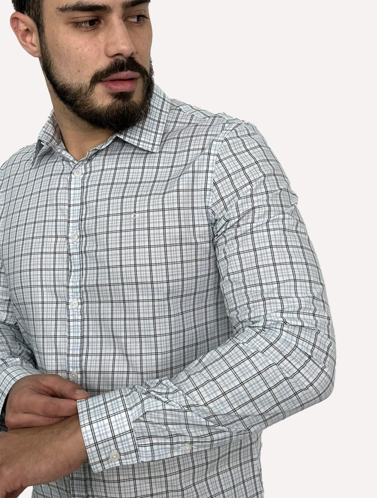 Vista 2 Camisa Calvin Klein Masculina Slim Fine Check Xadrez Branca Calvin Klein branco