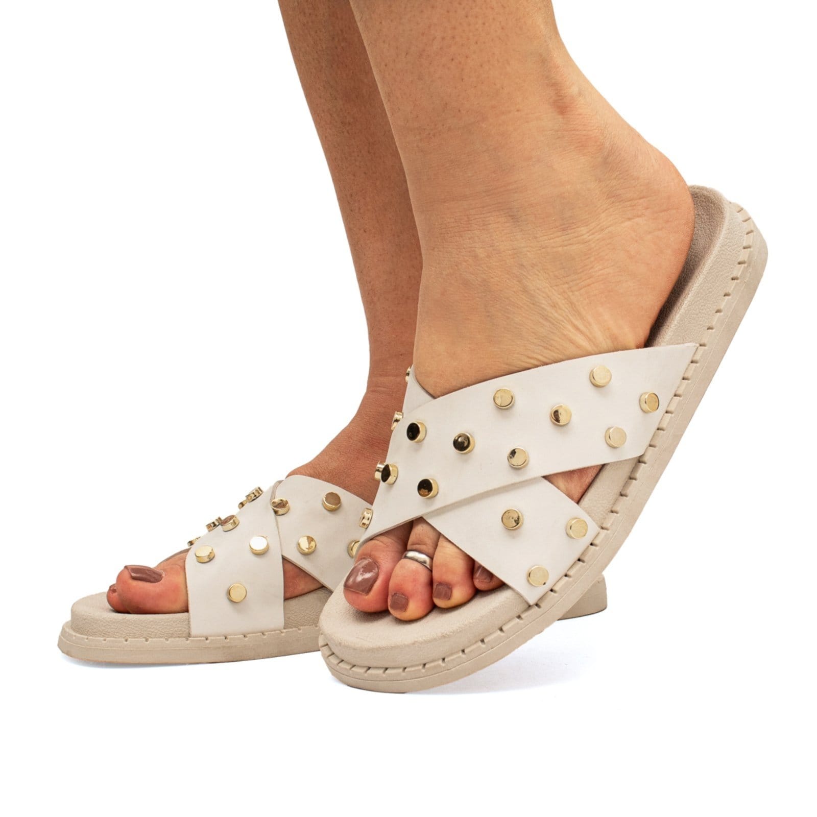 Vista 2 Sandália Papete Flatform Rasteirinha Metalizado Brilho Enfeite Metal Off White Viteri off-white white