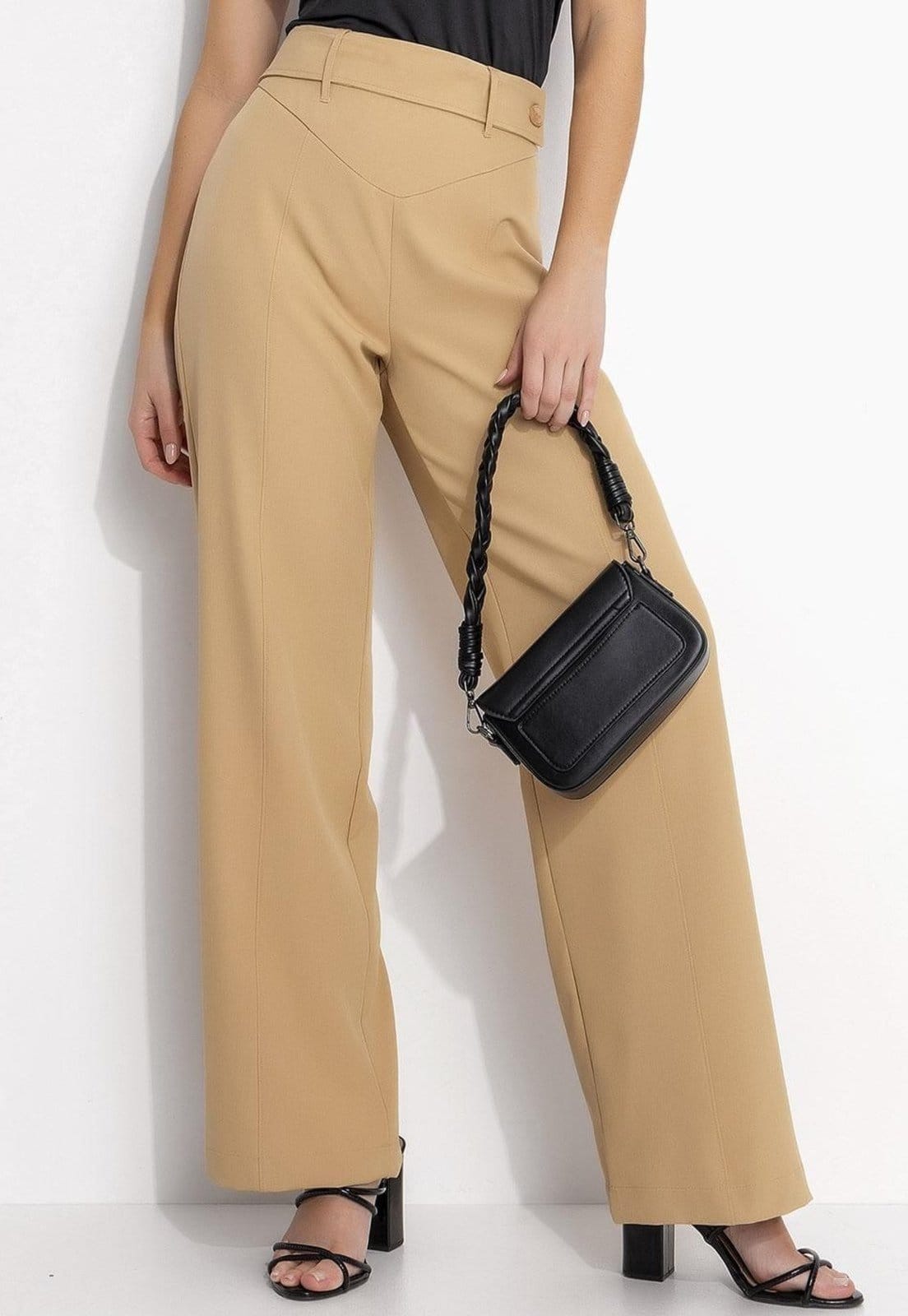 Vista principal Calça Em Crepe Plano Sarjado Quintess bege