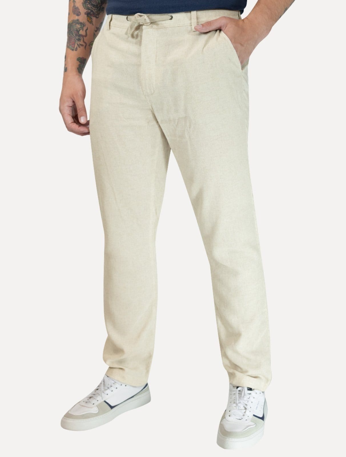Calça Calvin Klein Masculina Linen Flamê Com Cadarço Off White