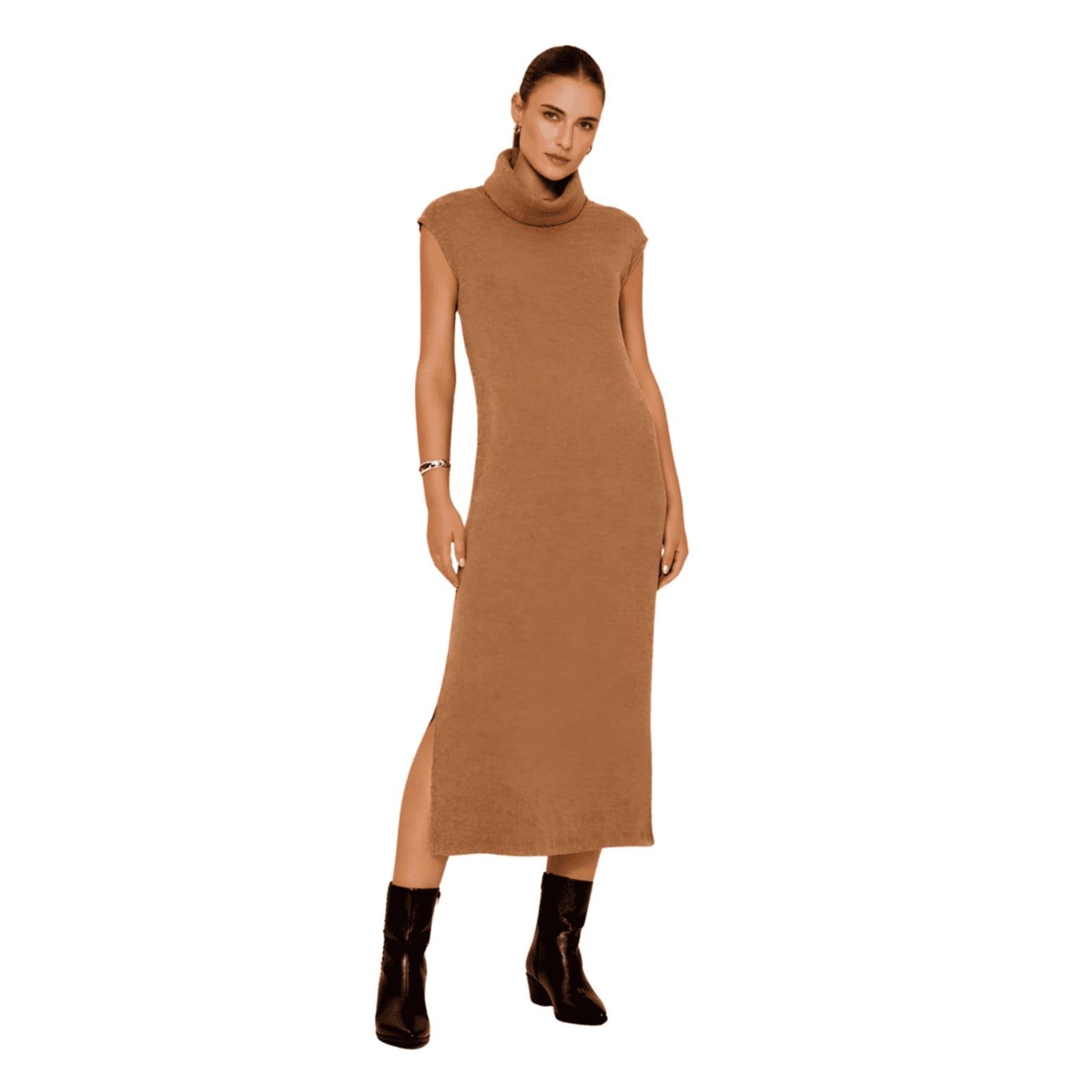 Vestido Canelado Tricô Gola Alta