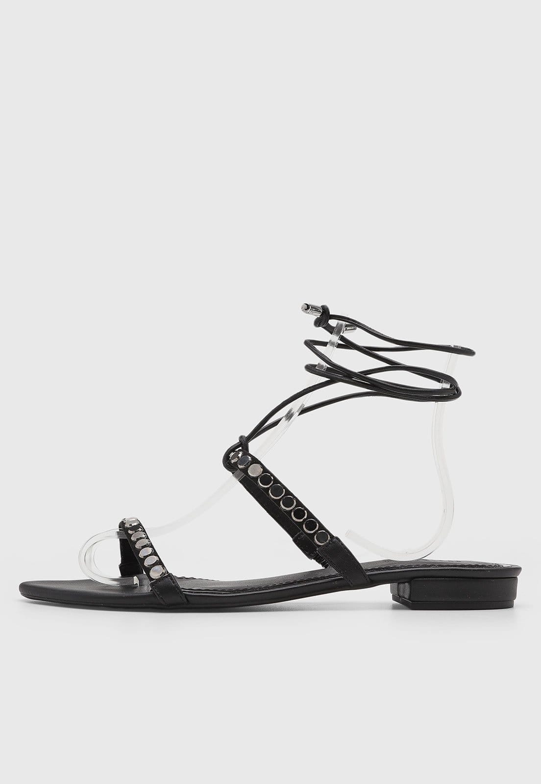 Vista principal Rasteira Feminina Santa Lolla Tiras Pedrarias Preta Santa Lolla preto