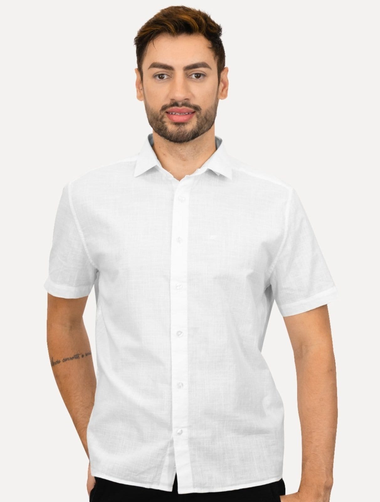 Vista principal Camisa Ellus Masculina Regular Manga Curta Linen Like Surf New Italian Branca Ellus branco
