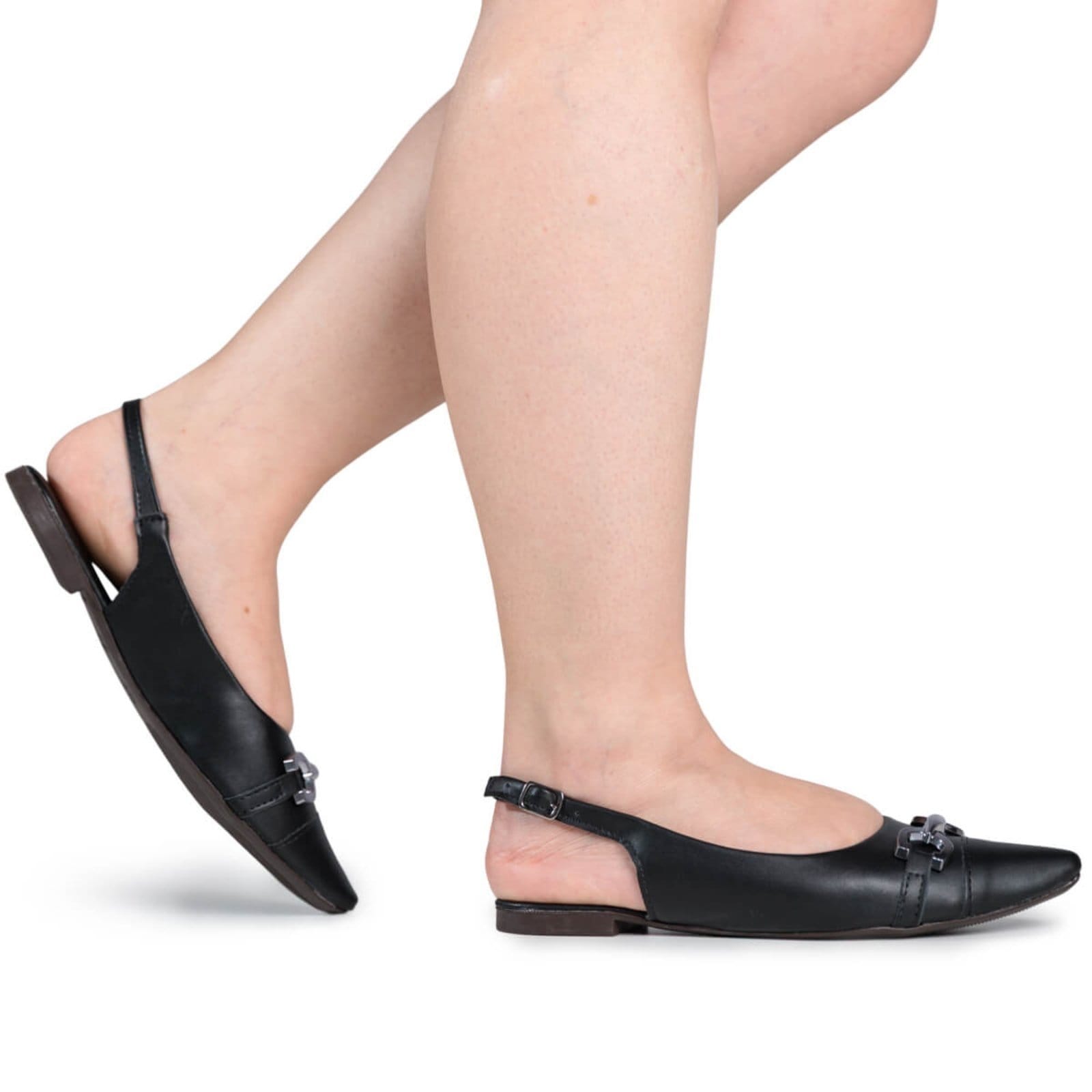Vista principal Sapatilha Slingback Feminina Flat Bico Fino Enfeite ABS Elegante Casual Angel 9401 VIA ANGEL preto