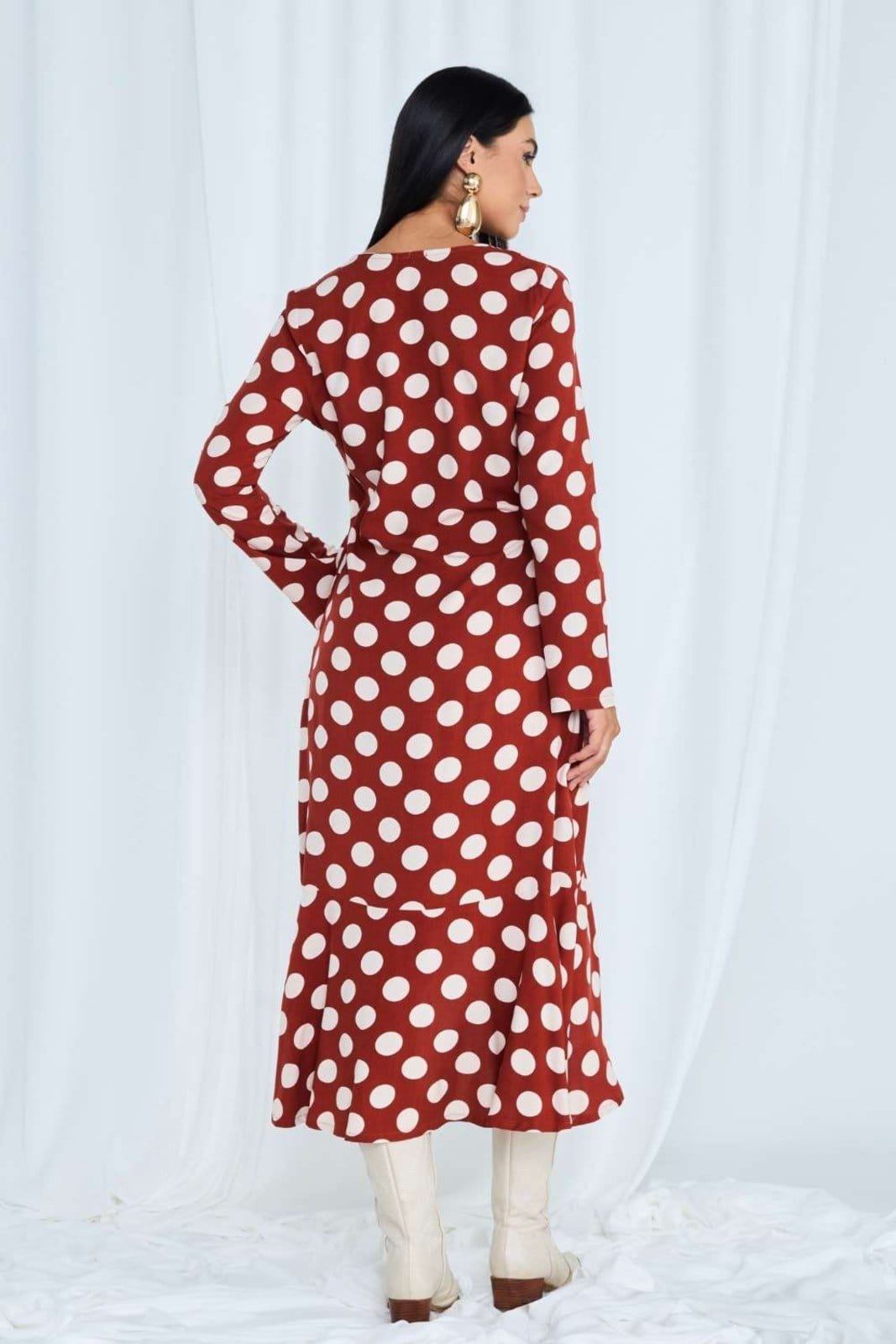 Vista 2 Vestido Vanibele Midi Poá Vanibele marrom/poás