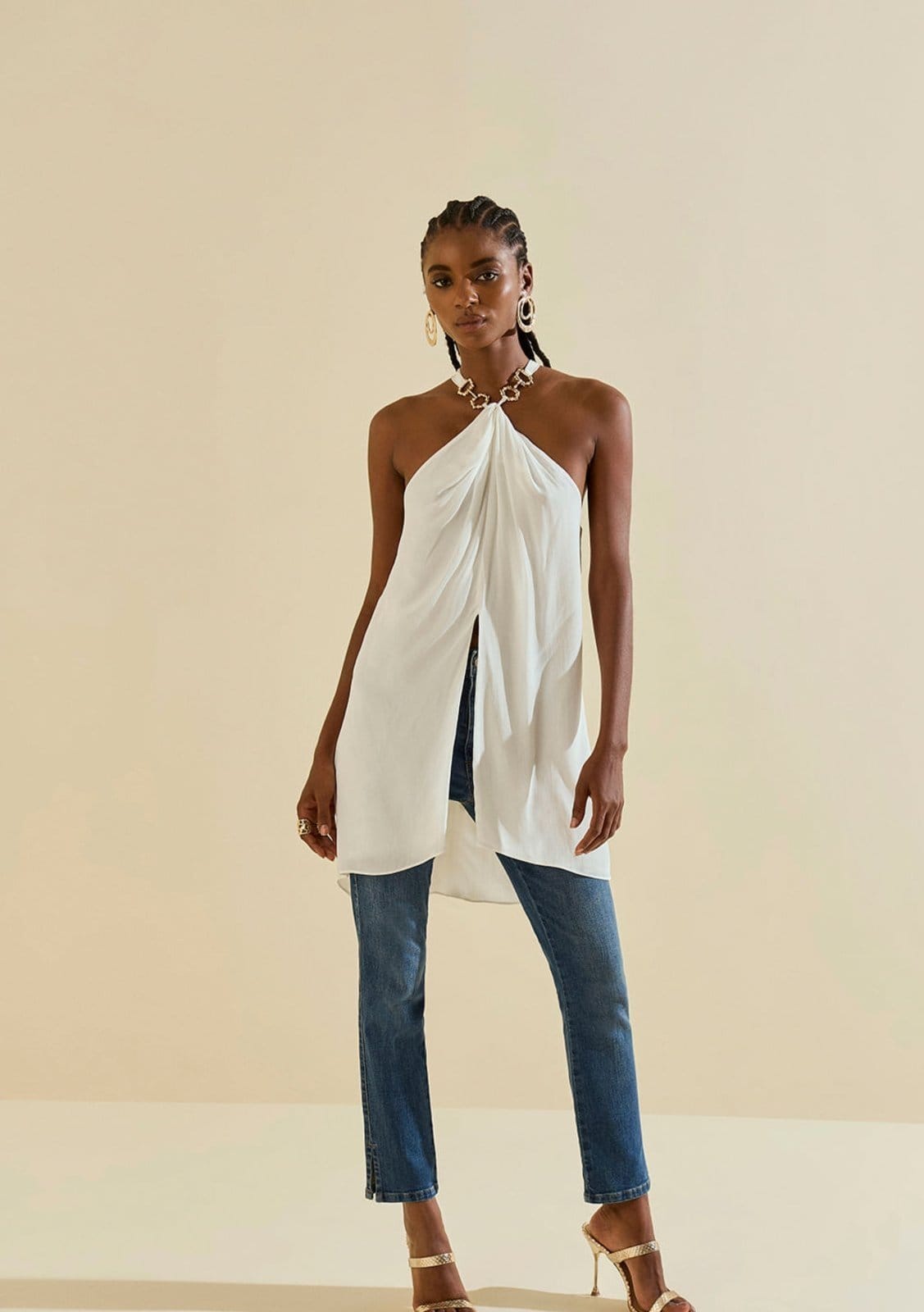 Vista principal Calça Morena Rosa Cigarrete Alta Azul Morena Rosa azul rosa