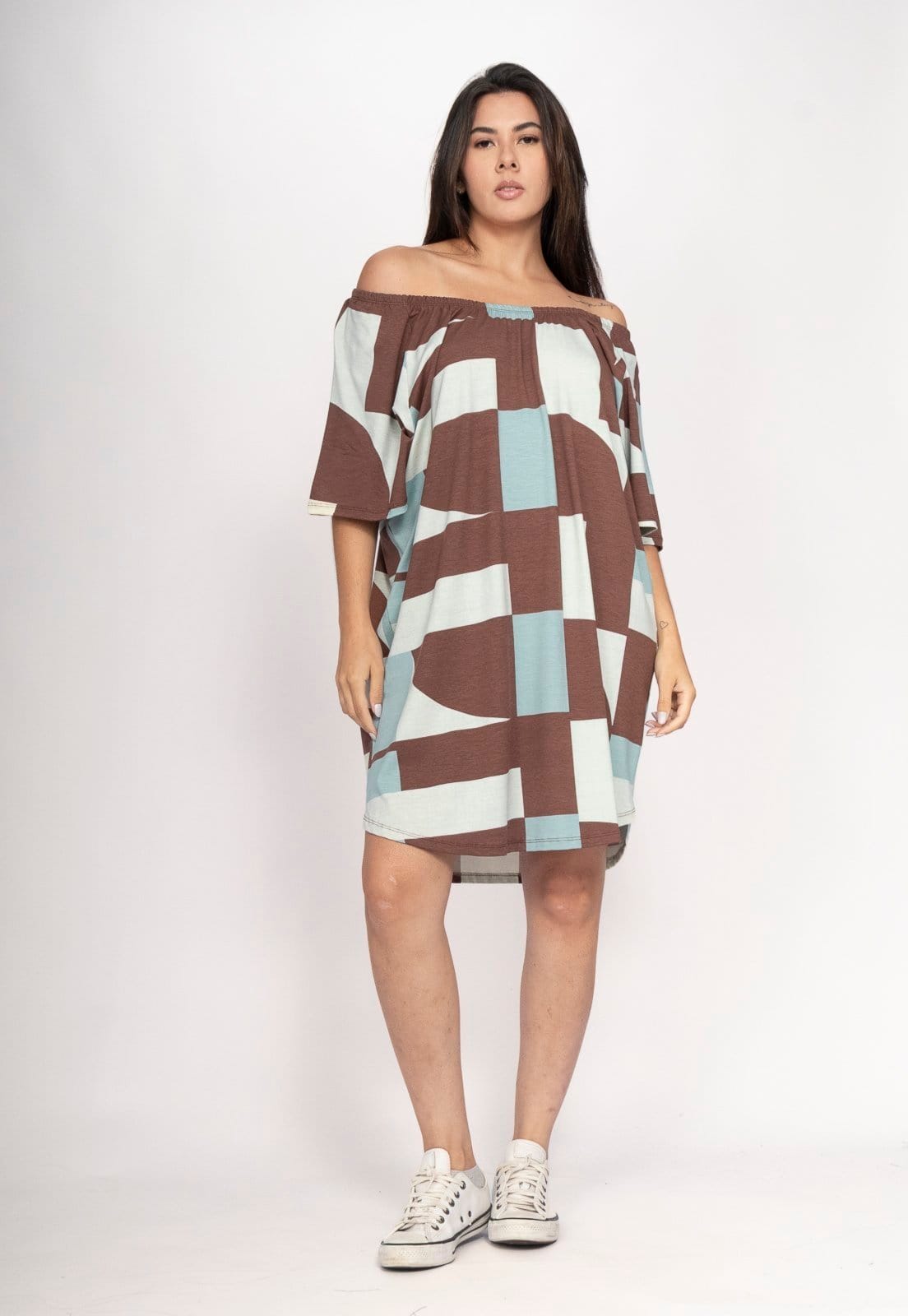 Vista principal Vestido CabanaFree Curto Malha Ombro a Ombro Mullet Amplo Santa Rosa do Tocantins Cabanafree estampado rosa