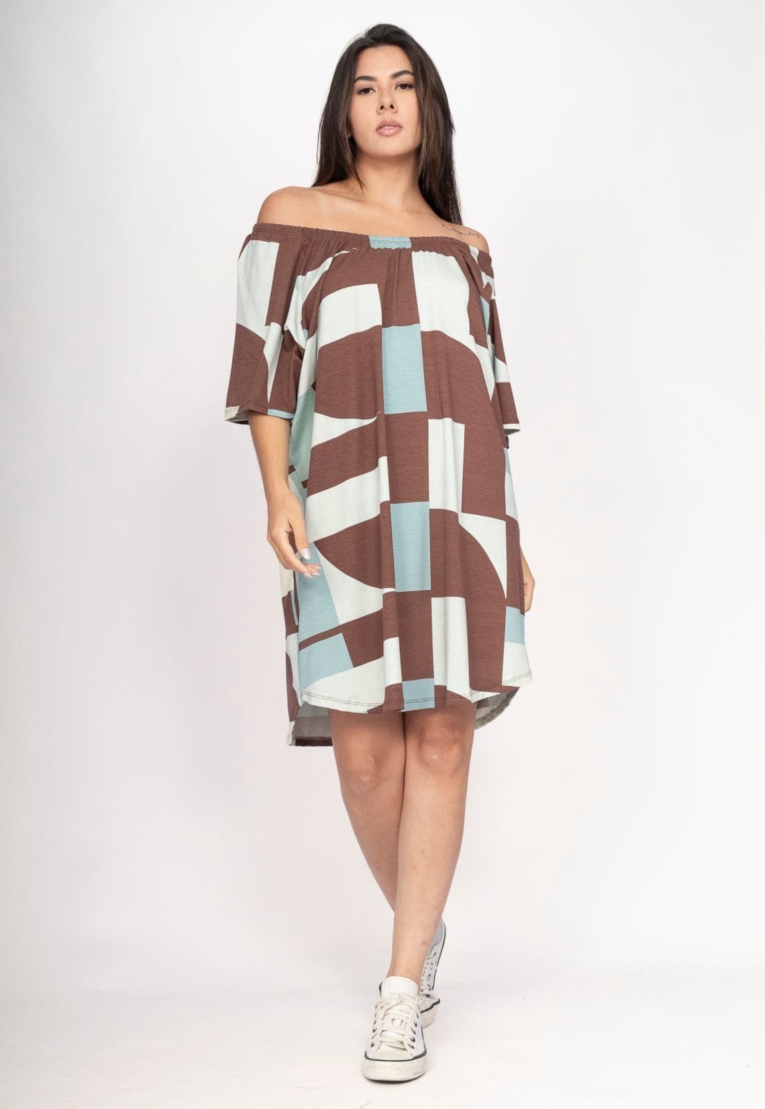 Vista 2 Vestido CabanaFree Curto Malha Ombro a Ombro Mullet Amplo Santa Rosa do Tocantins Cabanafree estampado rosa