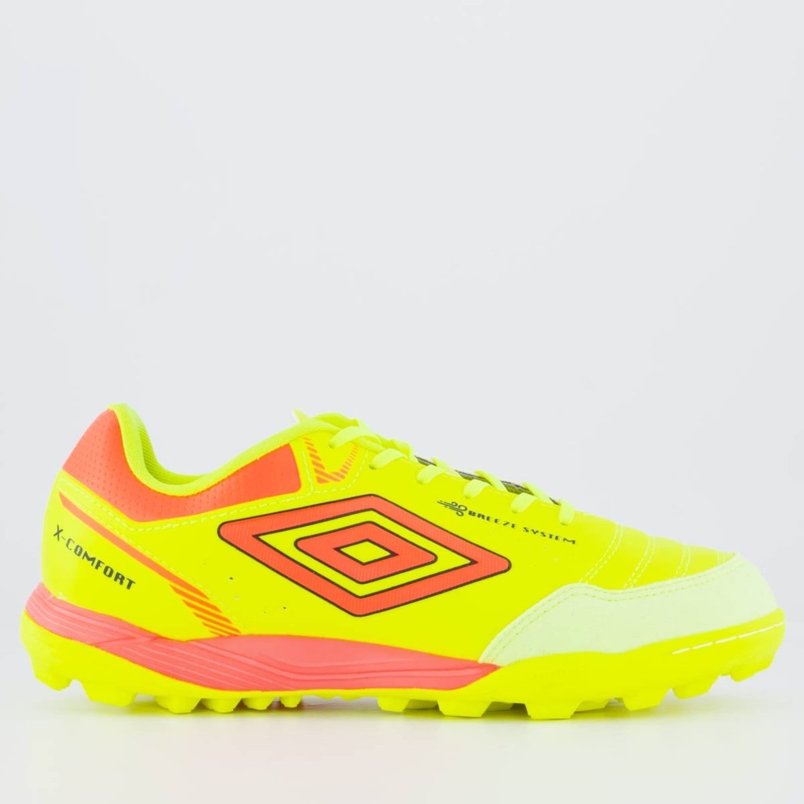 Vista principal Chuteira Umbro X-Comfort Society Amarela Neon e Coral Umbro amarelo neon