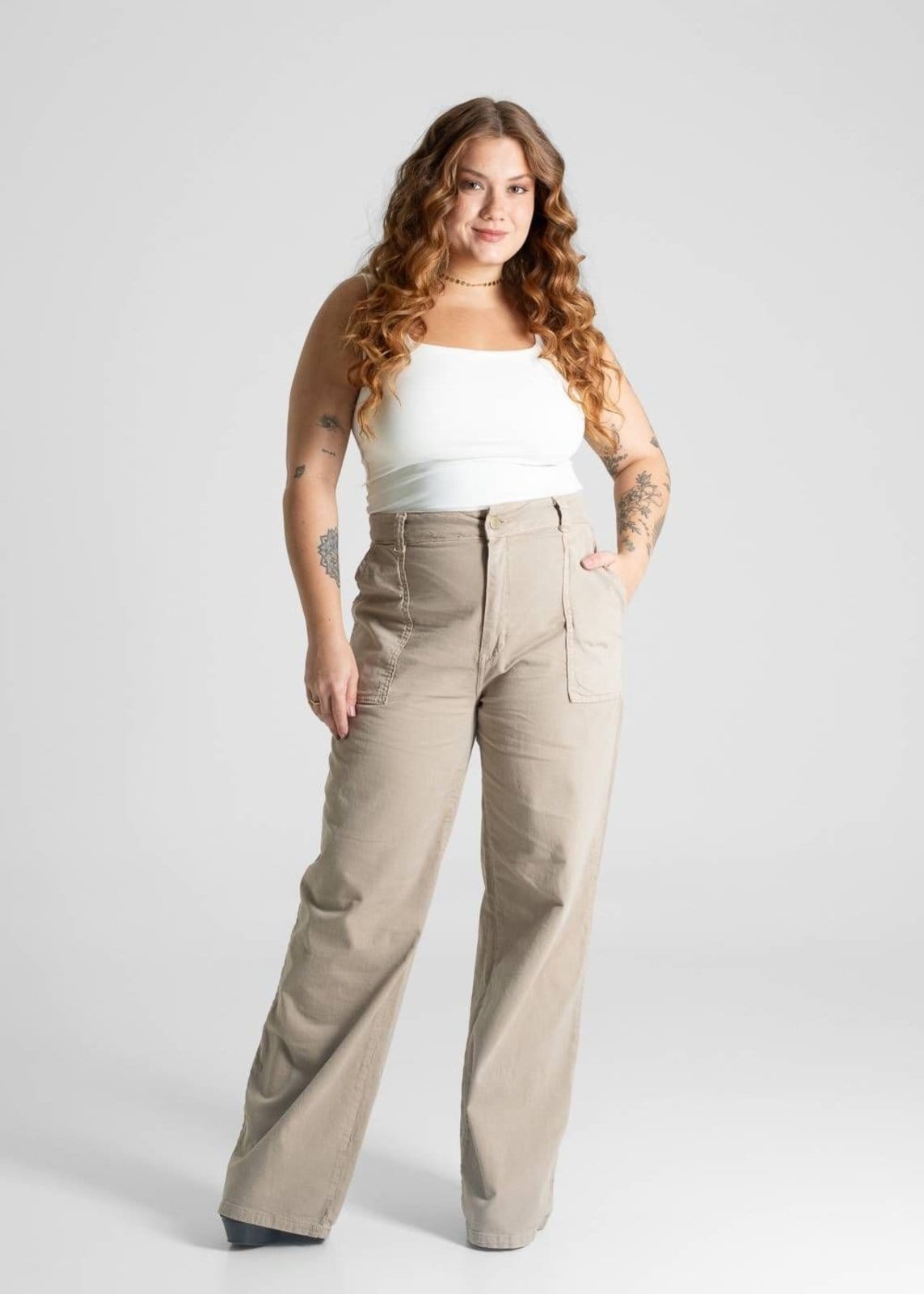 Vista 2 Calça Sarja Sawary Plus Size Wide Leg - 281486 Sawary bege