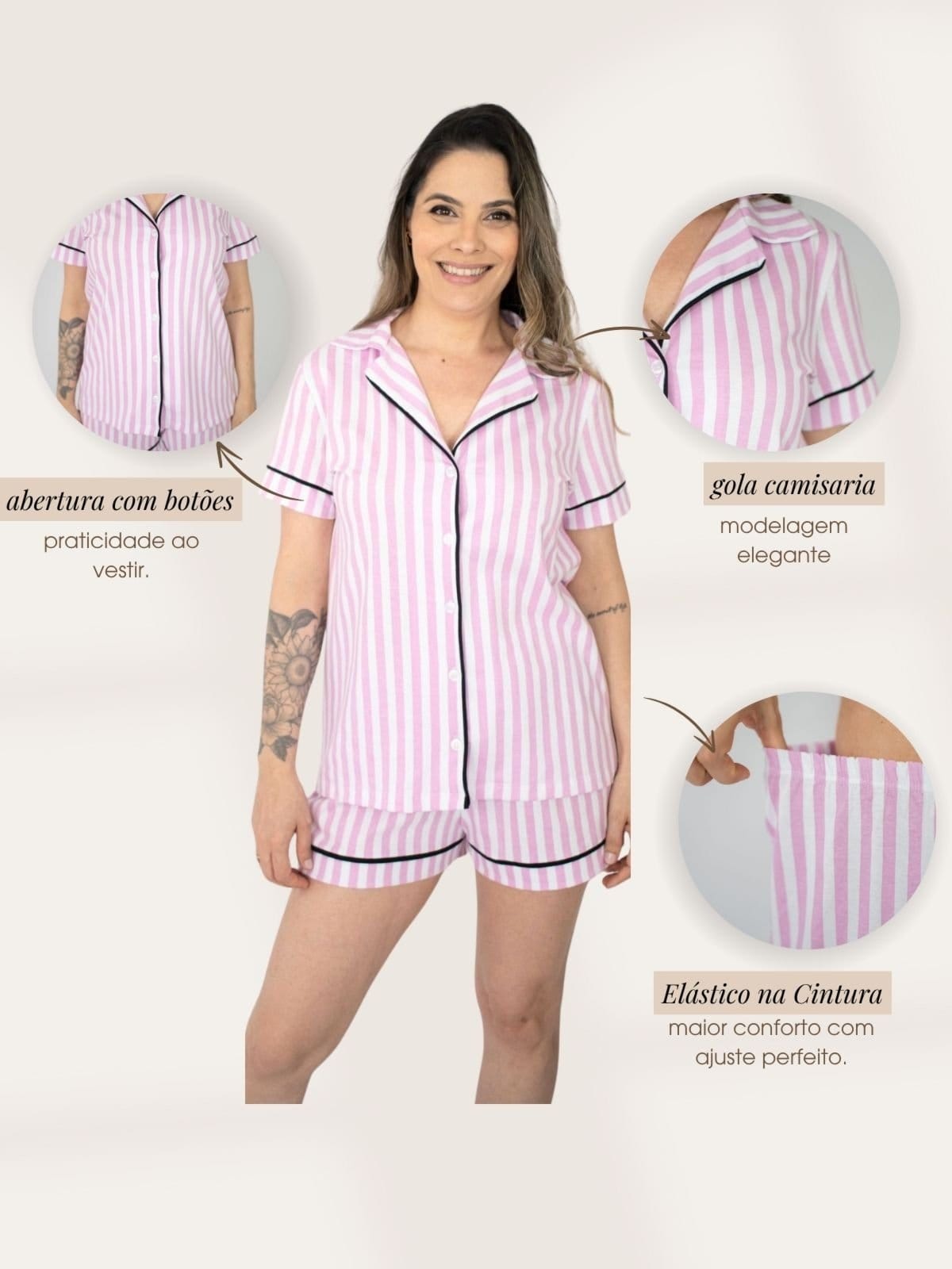 Vista 2 Pijama Americano Manga Curta Flávia - Listrado Piante rosa