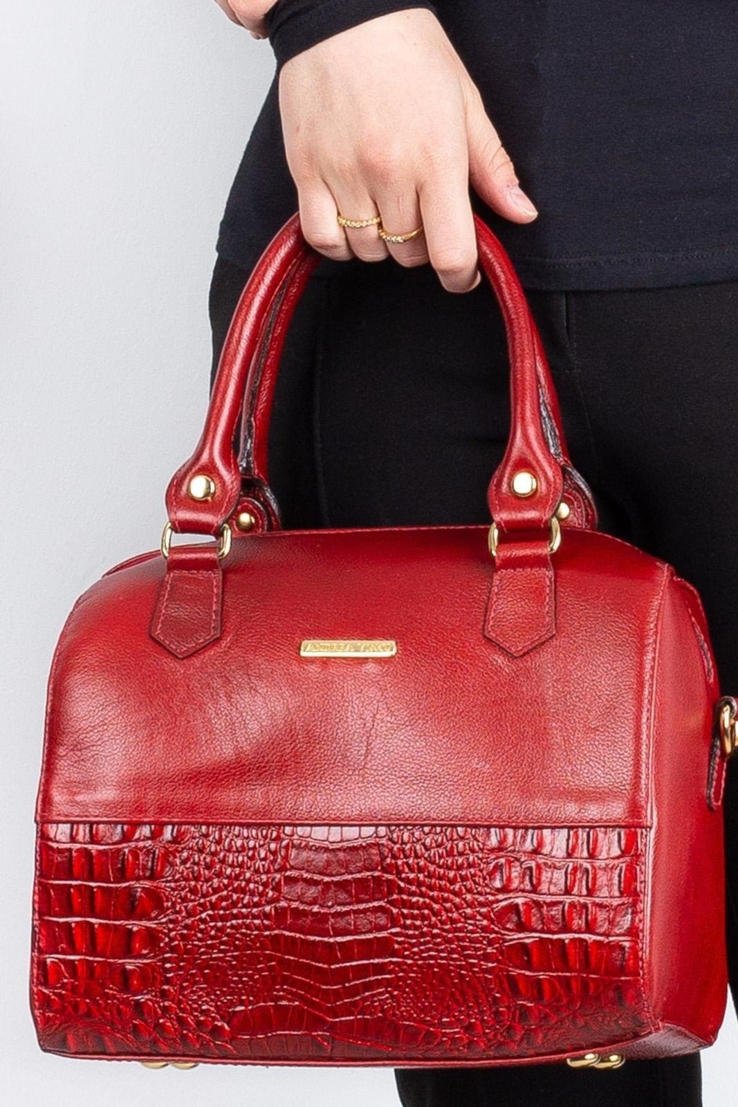 Vista principal Bolsa baú de mão em couro liso Sthefani Andrea Vinci vermelho