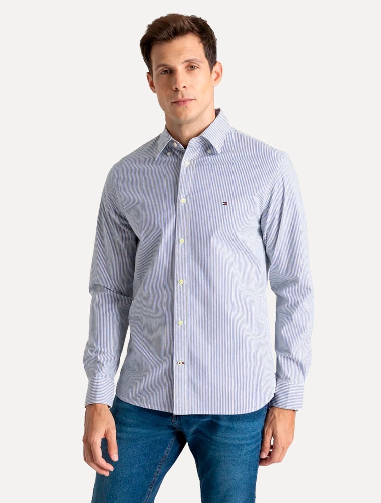 Vista principal Camisa Tommy Hilfiger Masculina Regular Striped Poplin édio Tommy Hilfiger rosa