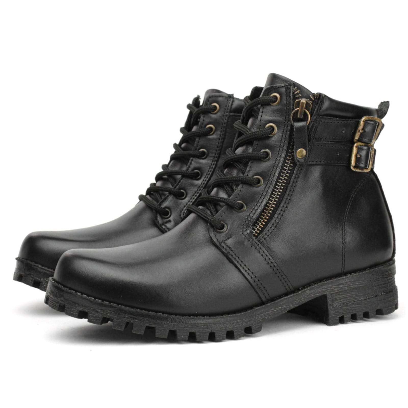 Vista 2 Bota Coturno Couro Feminino Cano Curto Salto Tratorado Baixo Zíper Cadarço Básica Casual FRANCA GRIFFE preto