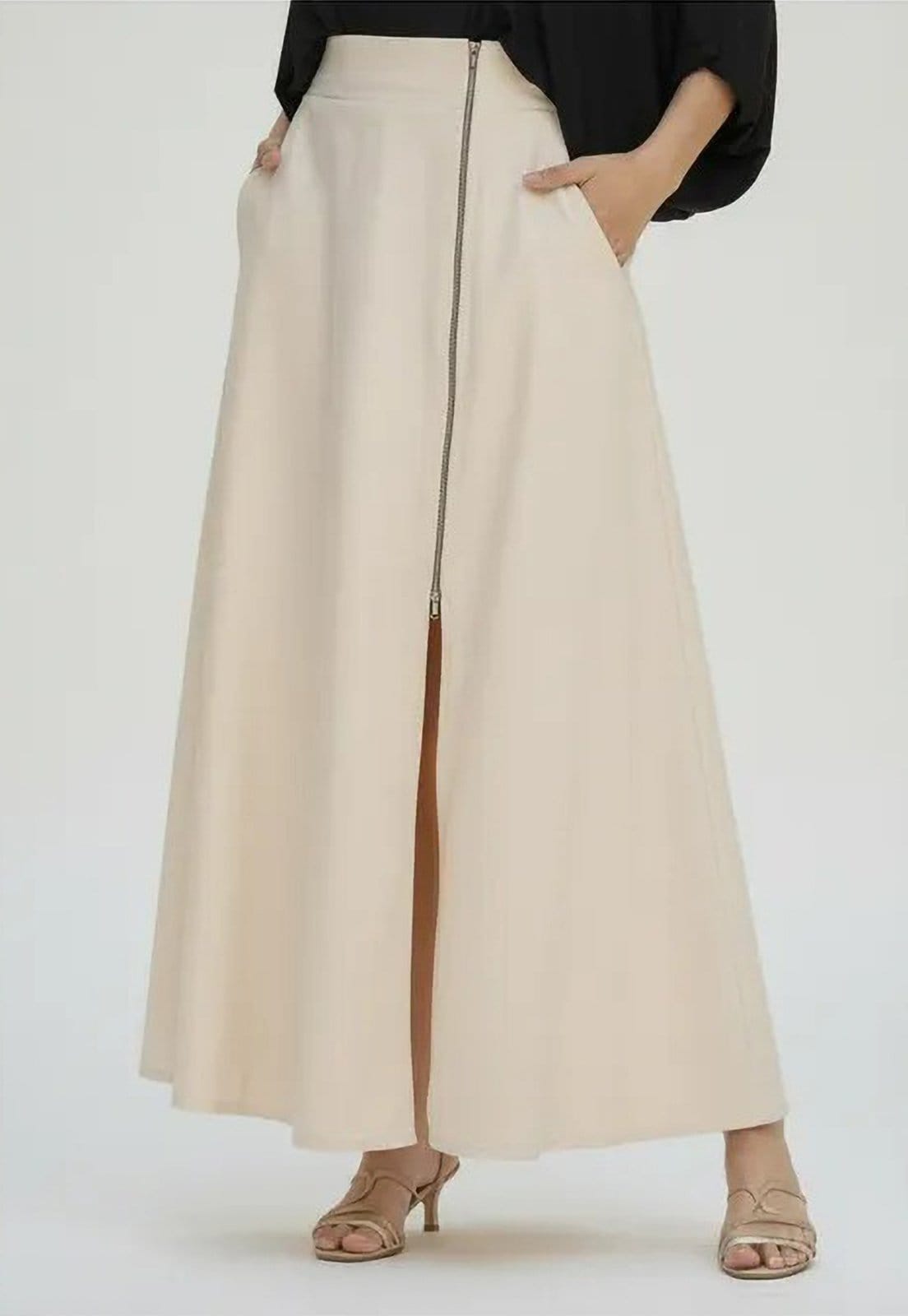 Vista principal Saia Cabanafree Midi com Zíper Creme Cabanafree bege