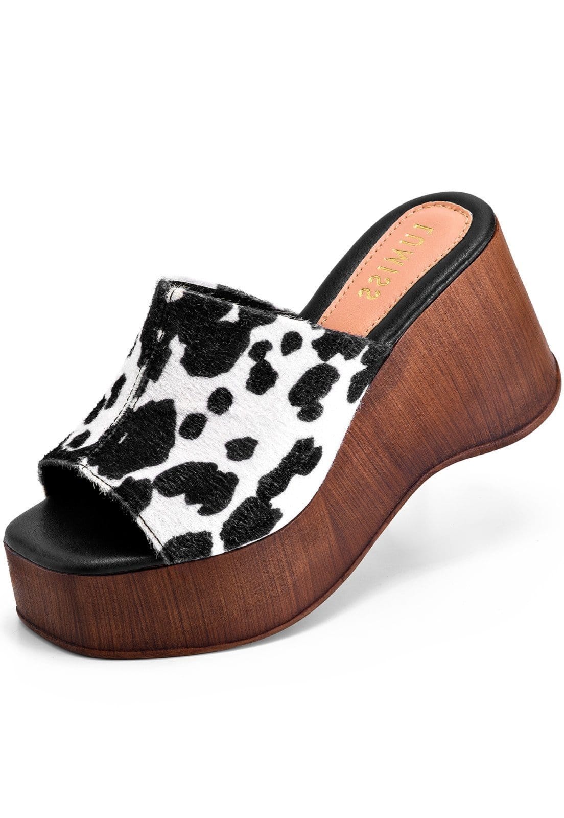 Sandália Feminina Lumiss Tamanco Anabela Plataforma Madeira Estampa Animal Print Vaca Marrom