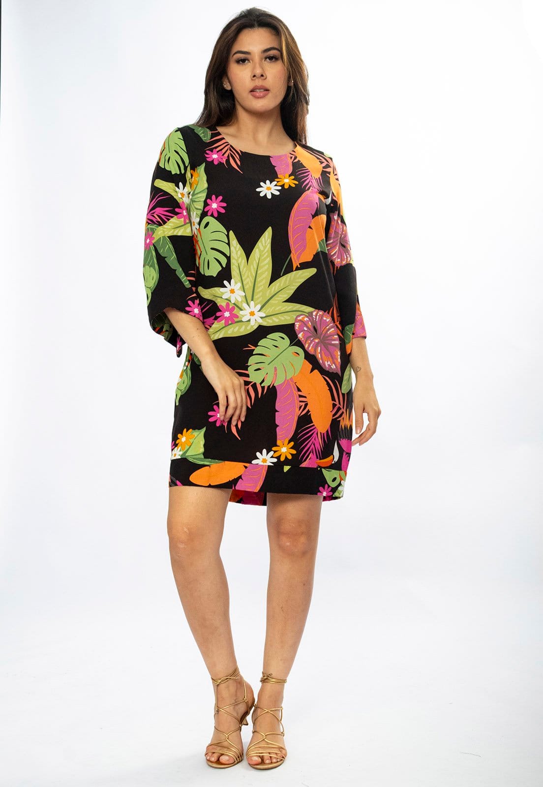 Vista 2 Vestido Curto Cabanafree Balli Manga Ampla Estampa Noite Botânica Cabanafree estampado/laranja/rosa/verde