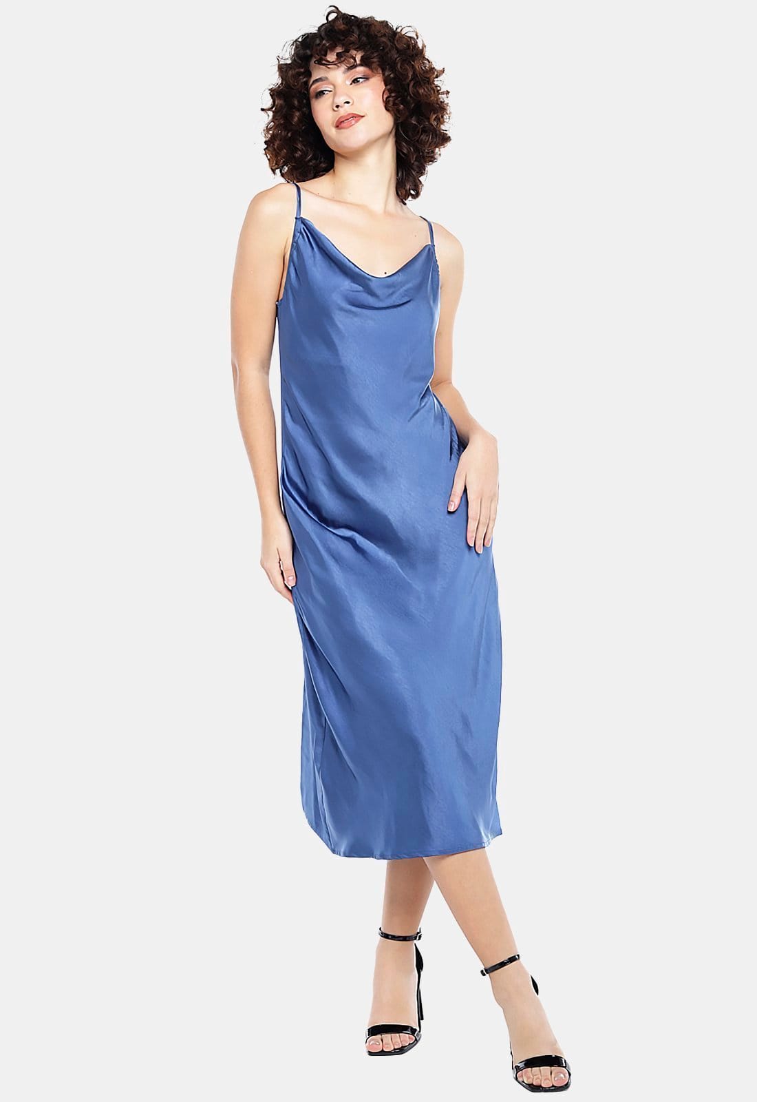 Vista 2 Vestido Midi Cetim Toque de Seda Decote Degagê SOB verde