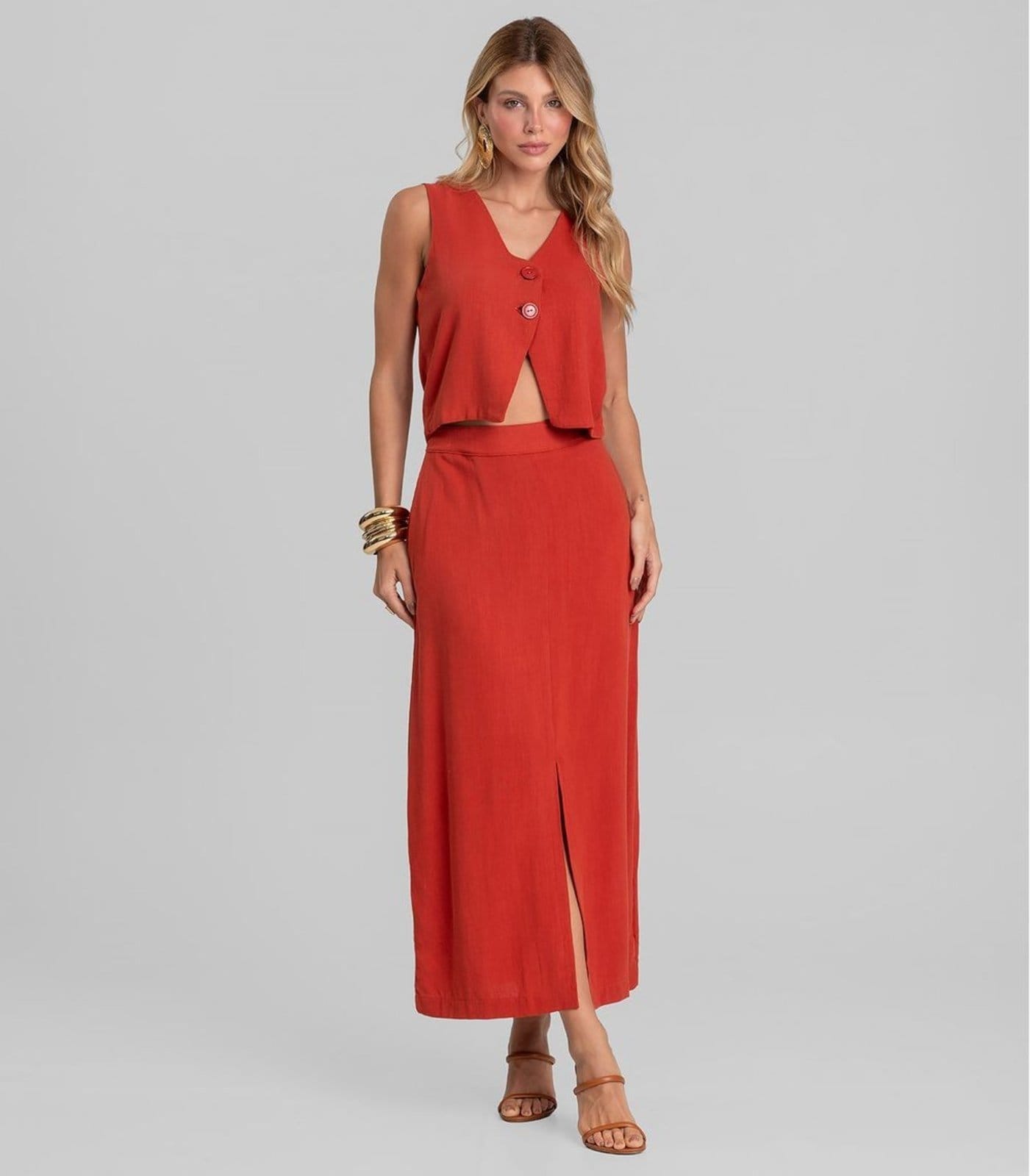 Vista principal Saia Midi Em Tecido Linho Dianna Dianna laranja