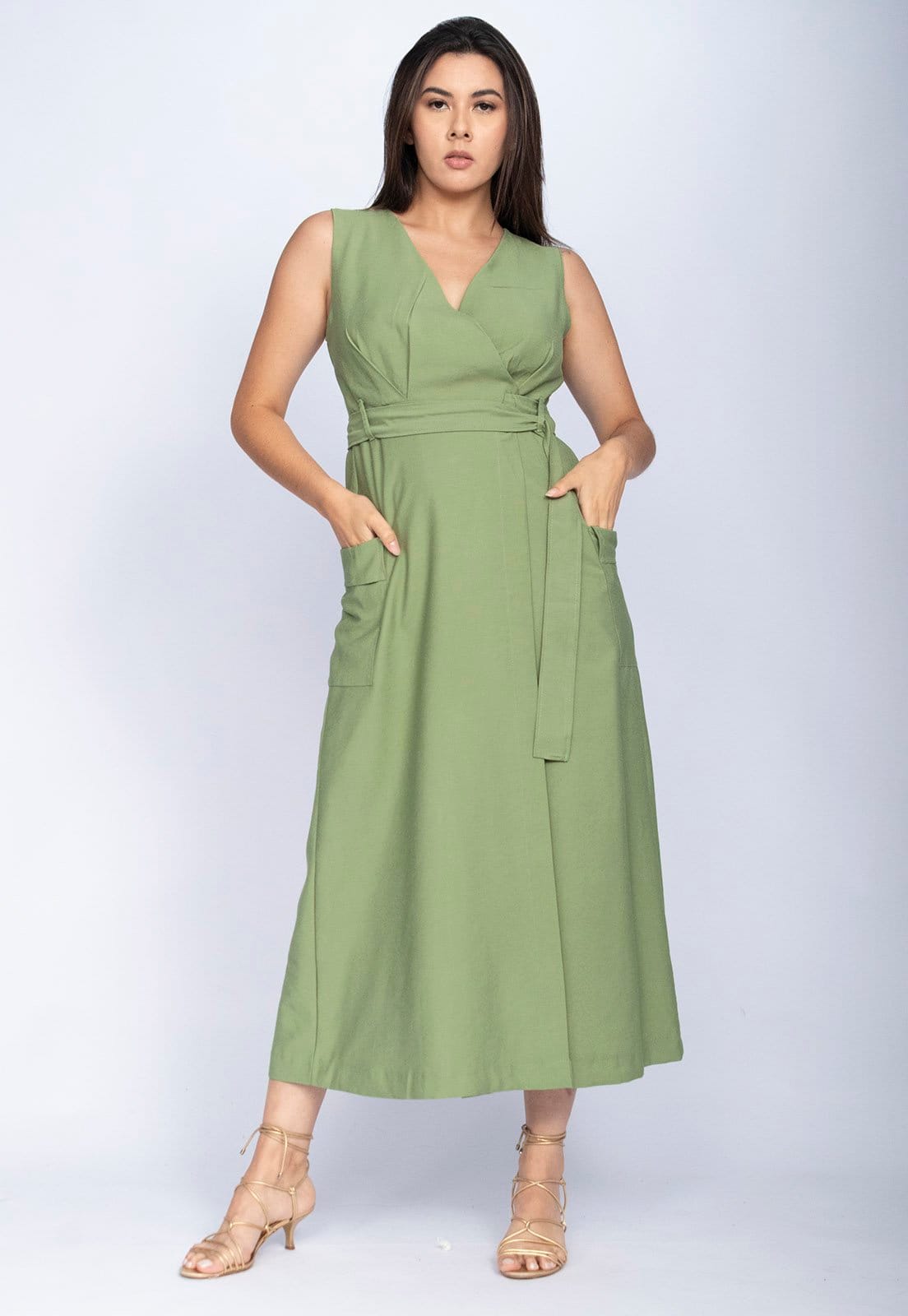 Vestido Amazonia Vital Midi Duna Transpassado com Bolsos Sage