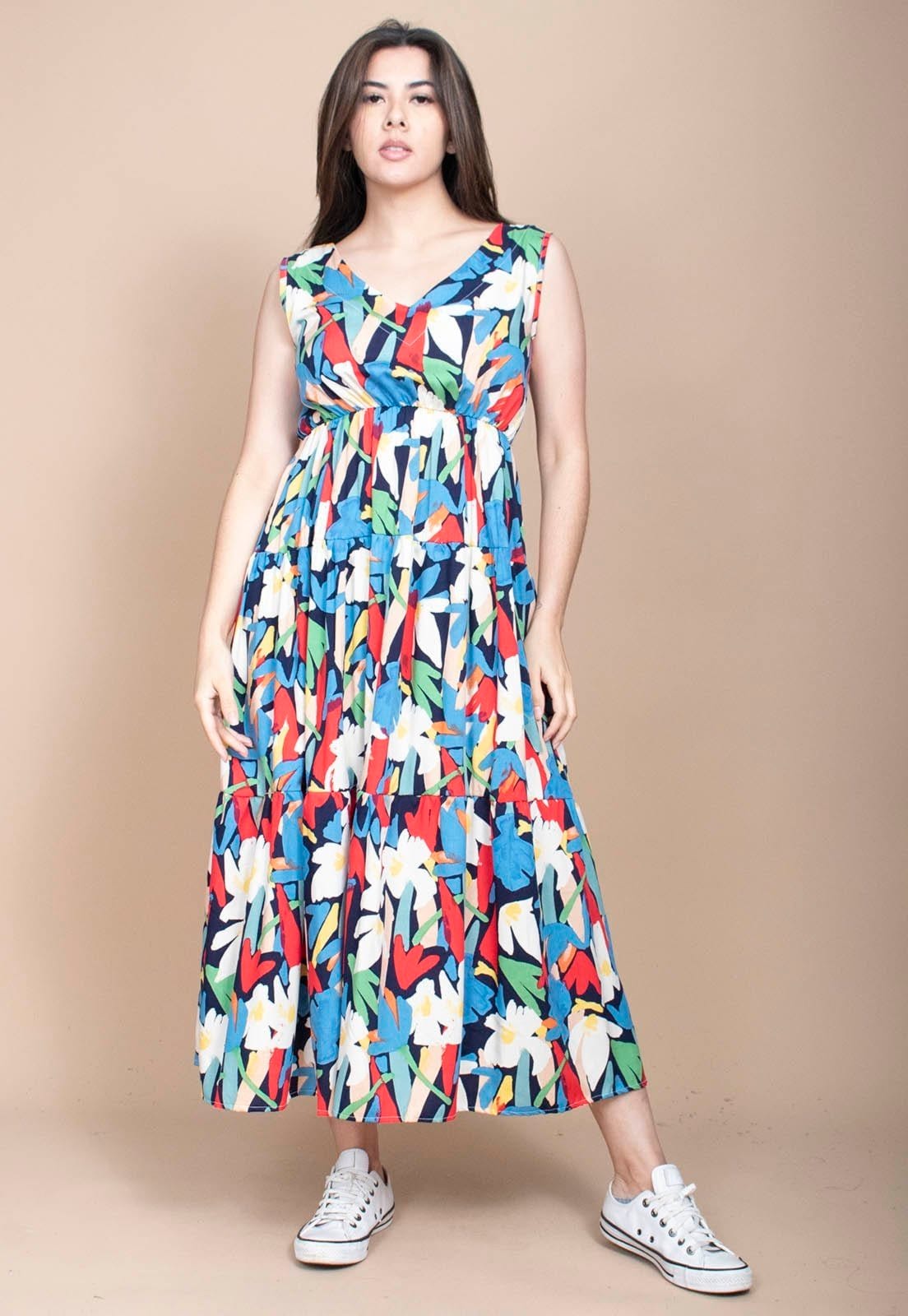 Vestido Cabanafree Regata Longo Peri Viscose Camadas Estampa Floresce