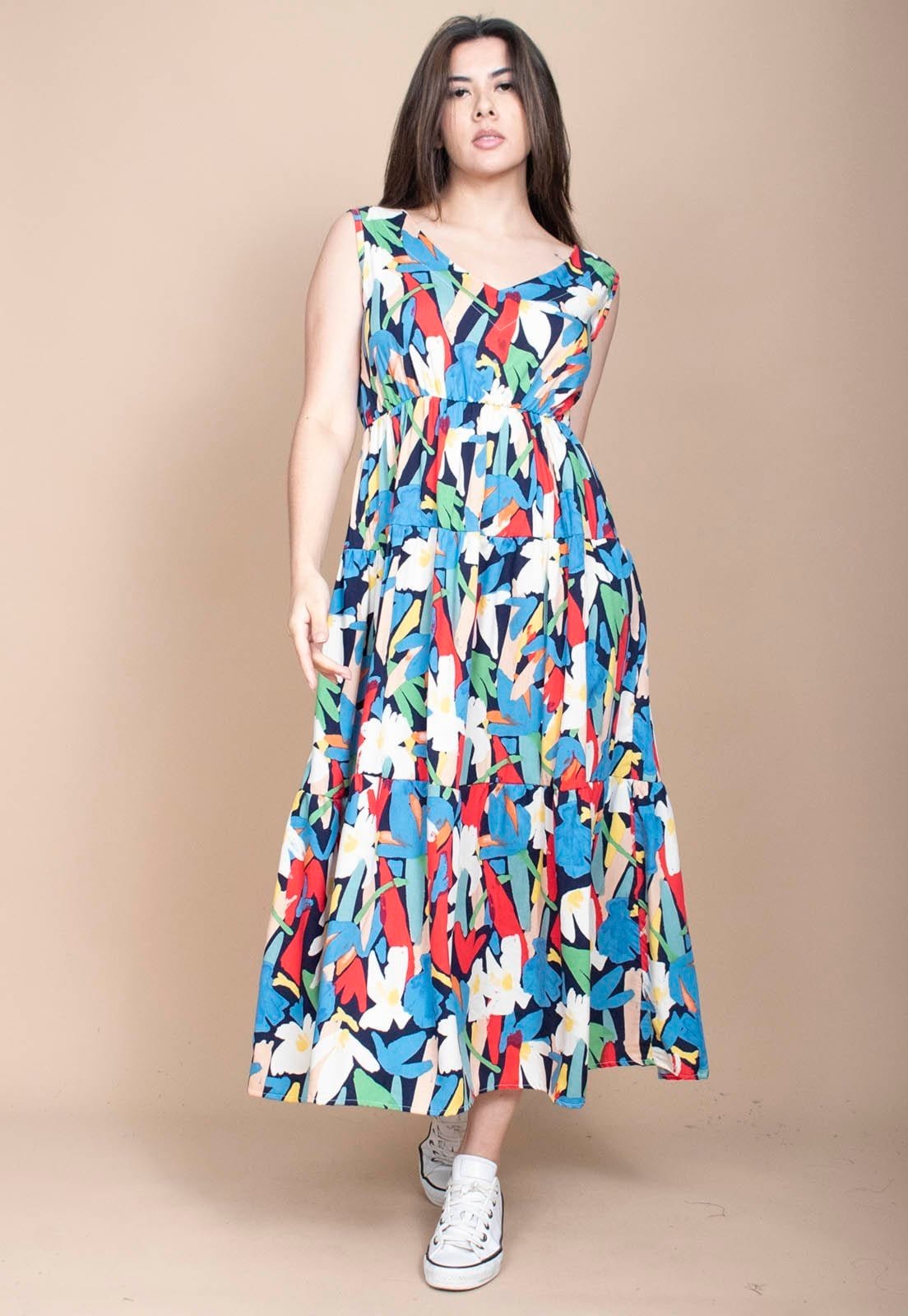 Vista 2 Vestido Cabanafree Regata Longo Peri Viscose Camadas Estampa Floresce Cabanafree estampado/preto/verde/vermelho