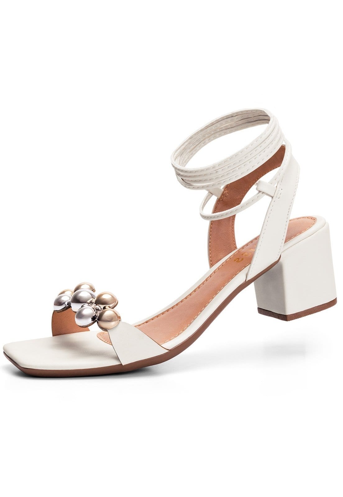 Sandália Feminina Lumiss Salto Baixo Bloco Confortável Amarração Enfeite Off White