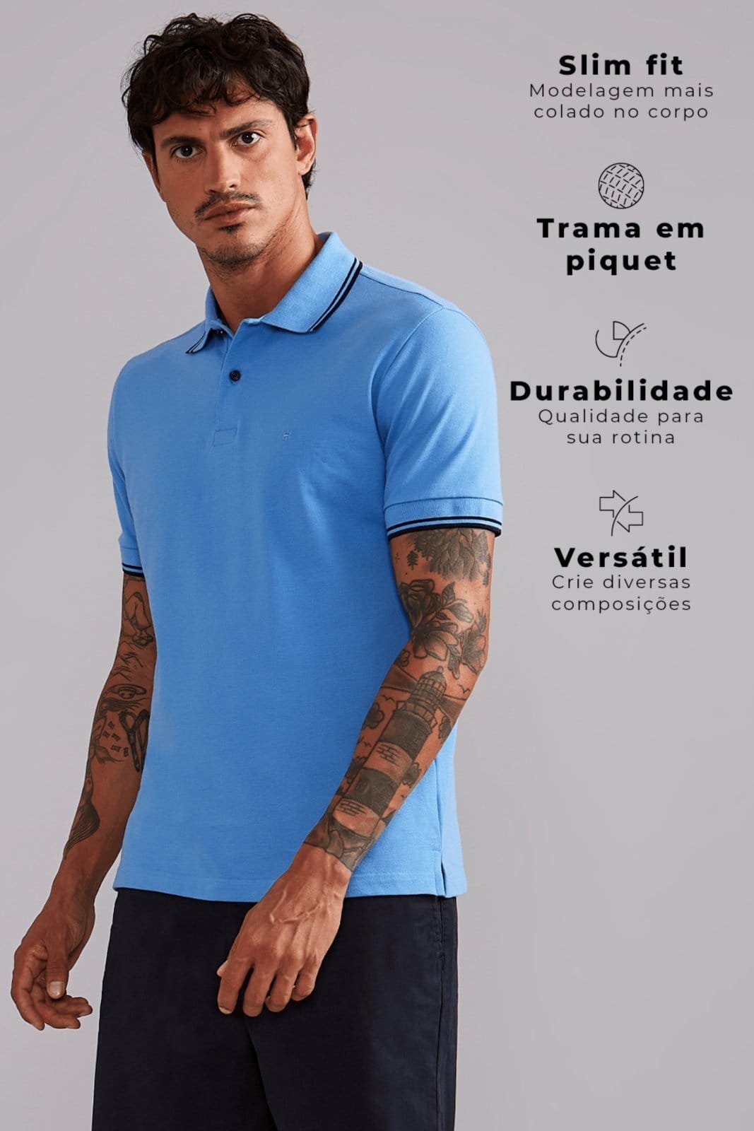Vista 2 HIGHSTIL Polo Manga Curta Piquet Básica Slim Fit - Hidra HIGHSTIL azul