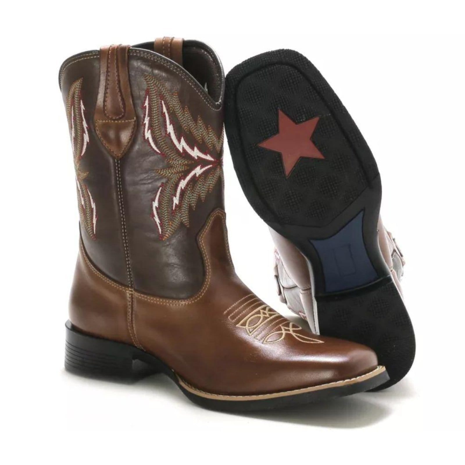 Vista principal Bota Texana Masculina Couro Look Stock Bordada e Confortável Lookstock Botinas caramelo