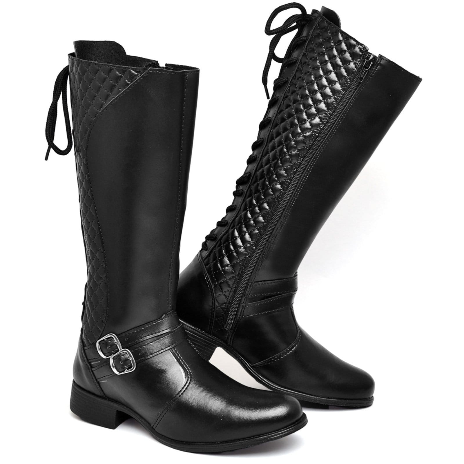 Bota Feminina Estilosa Cano Longo em Sintético de Amarração Preta Polo Blu do 33 ao