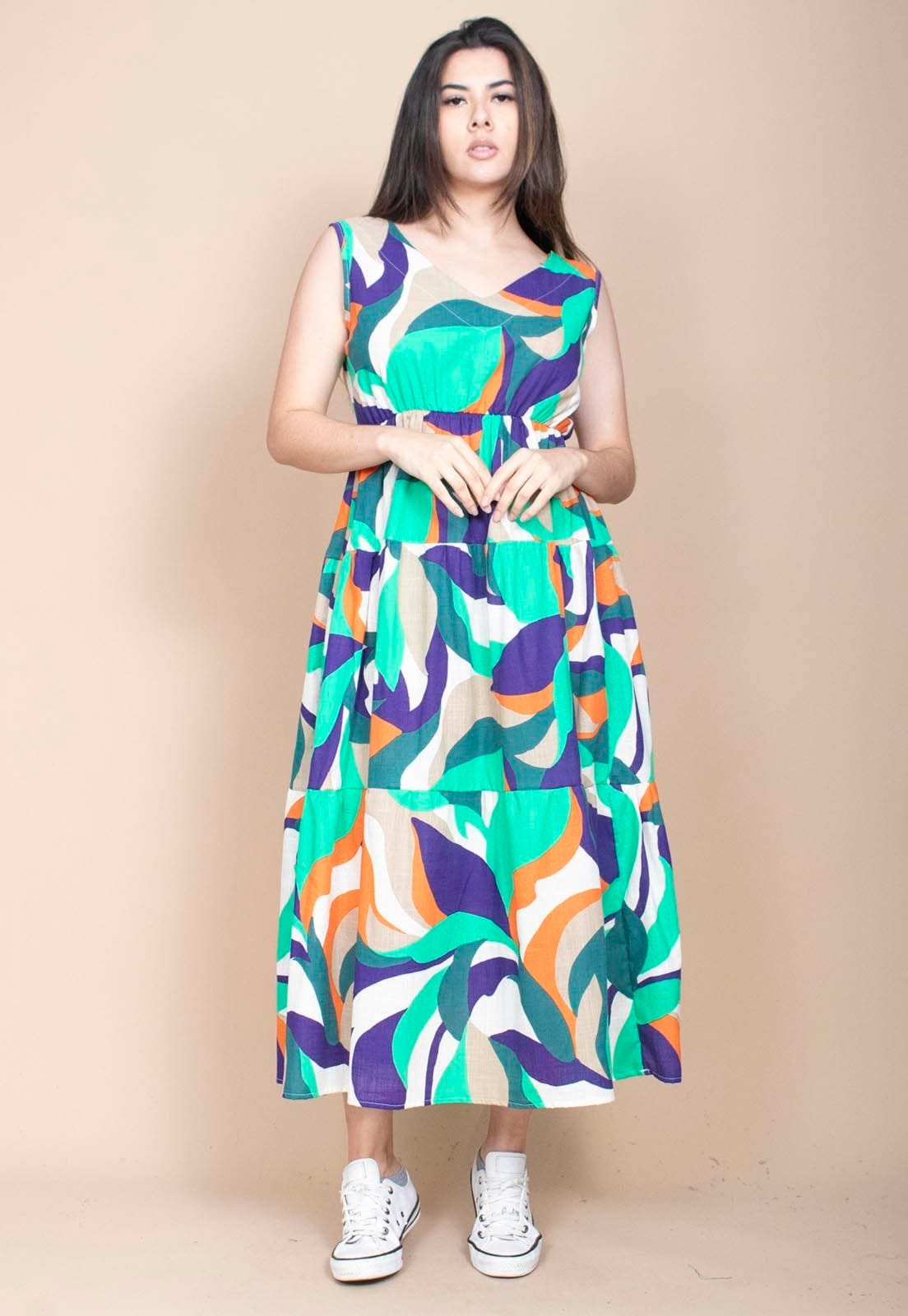 Vista 2 Vestido Cabanafree Regata Longo Peri Viscose Camadas Estampa Brisa do Mar Cabanafree azul/estampado/laranja