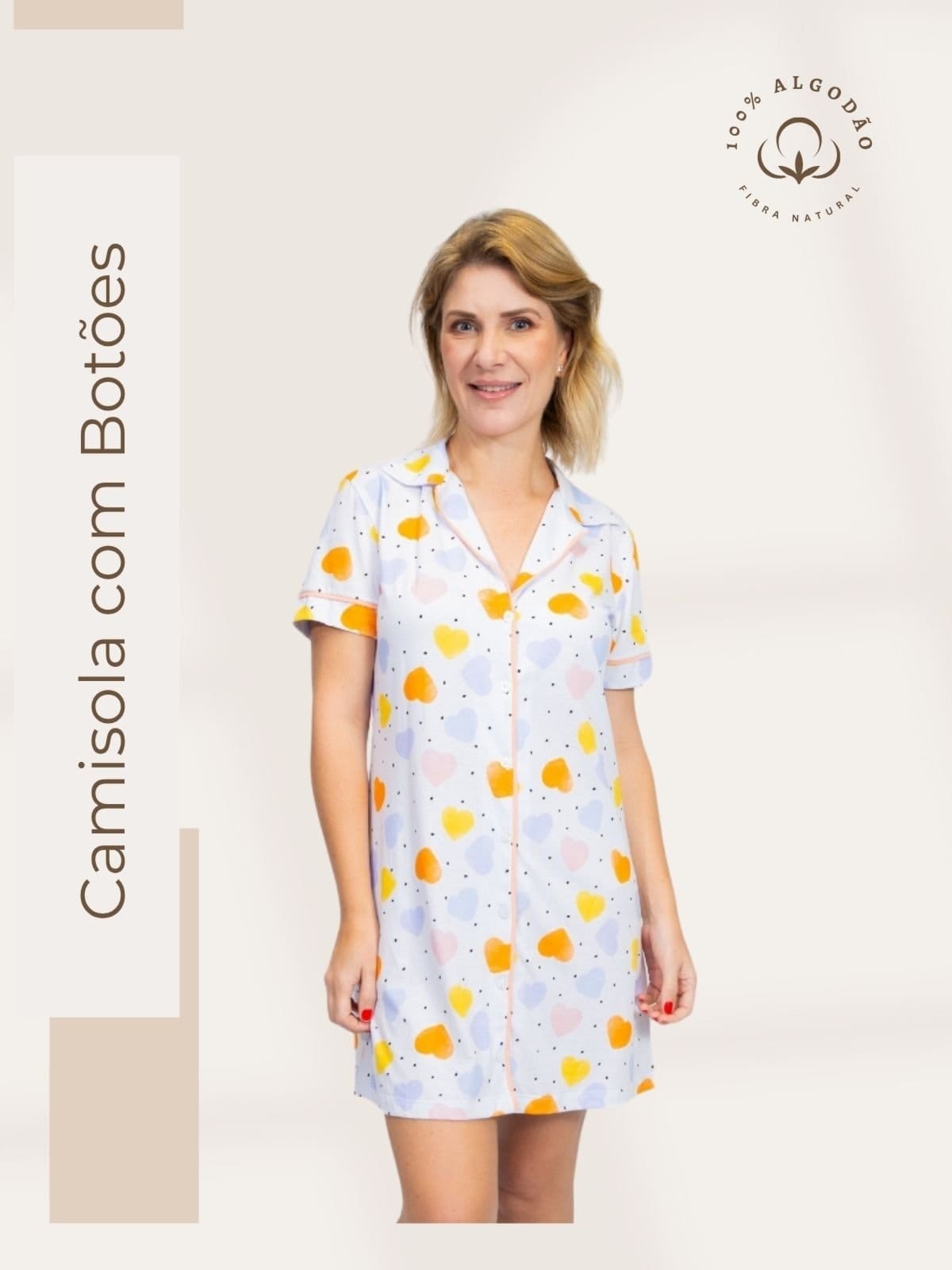 Vista principal Camisola Piante Algodão Americana Feminina Manga Curta Corações Coloridos Piante branco