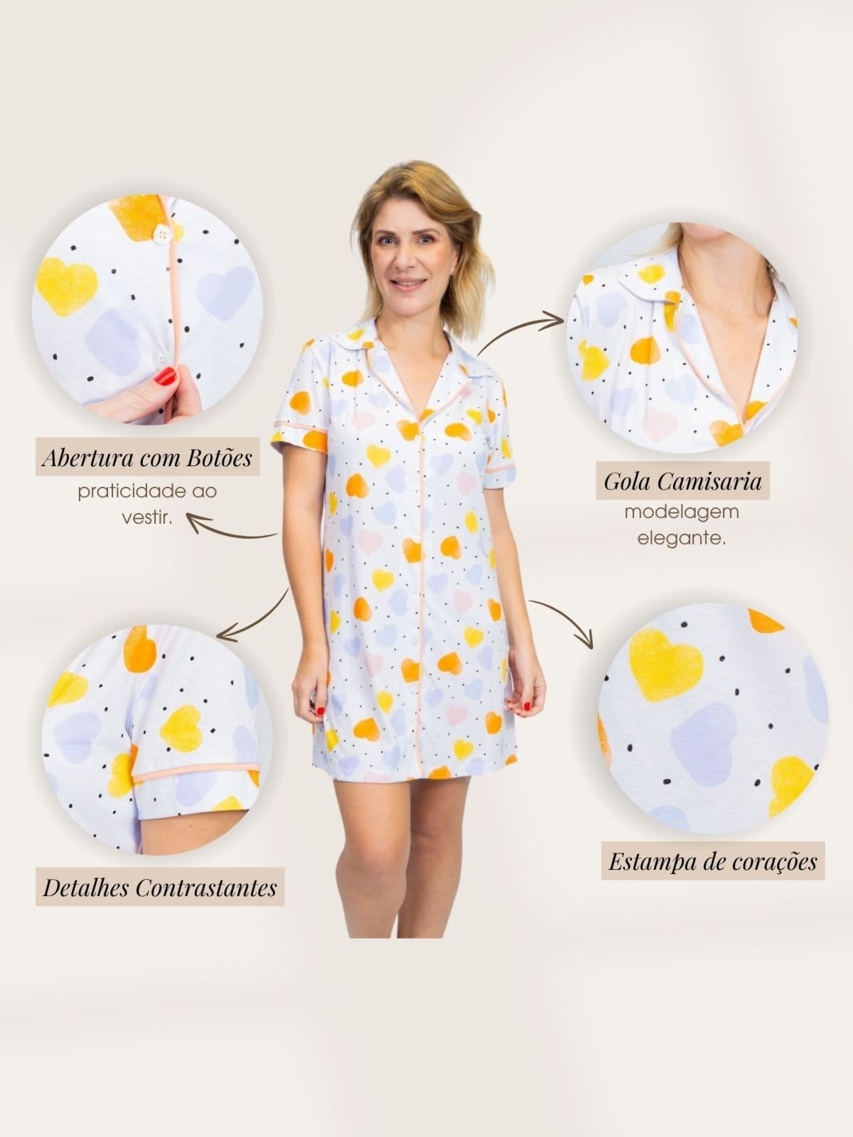 Vista 2 Camisola Piante Algodão Americana Feminina Manga Curta Corações Coloridos Piante branco