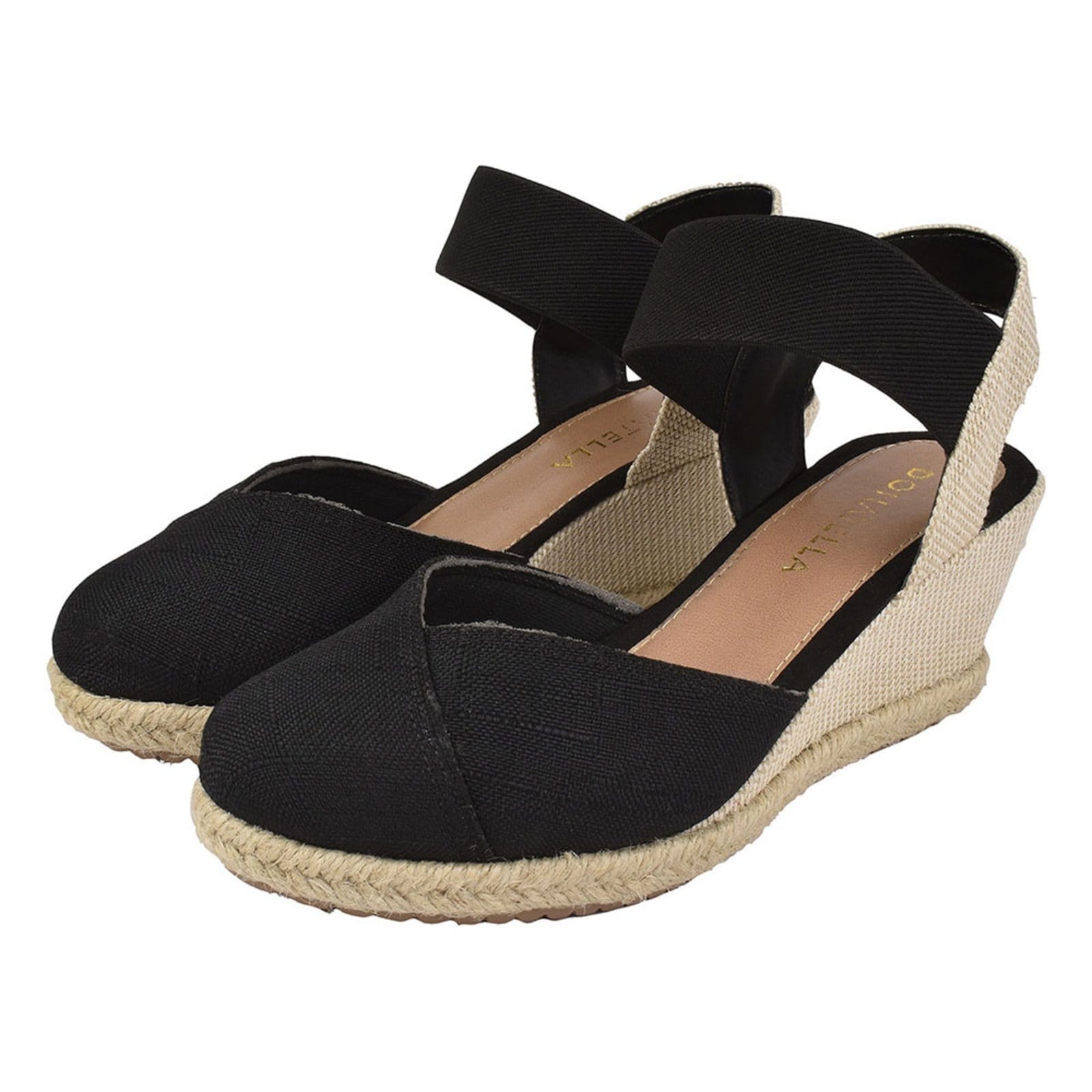 Sandália Anabela Feminina Plataforma CM Calçados Macia Juta Corda Natural Tecido Textura Elástico Preto