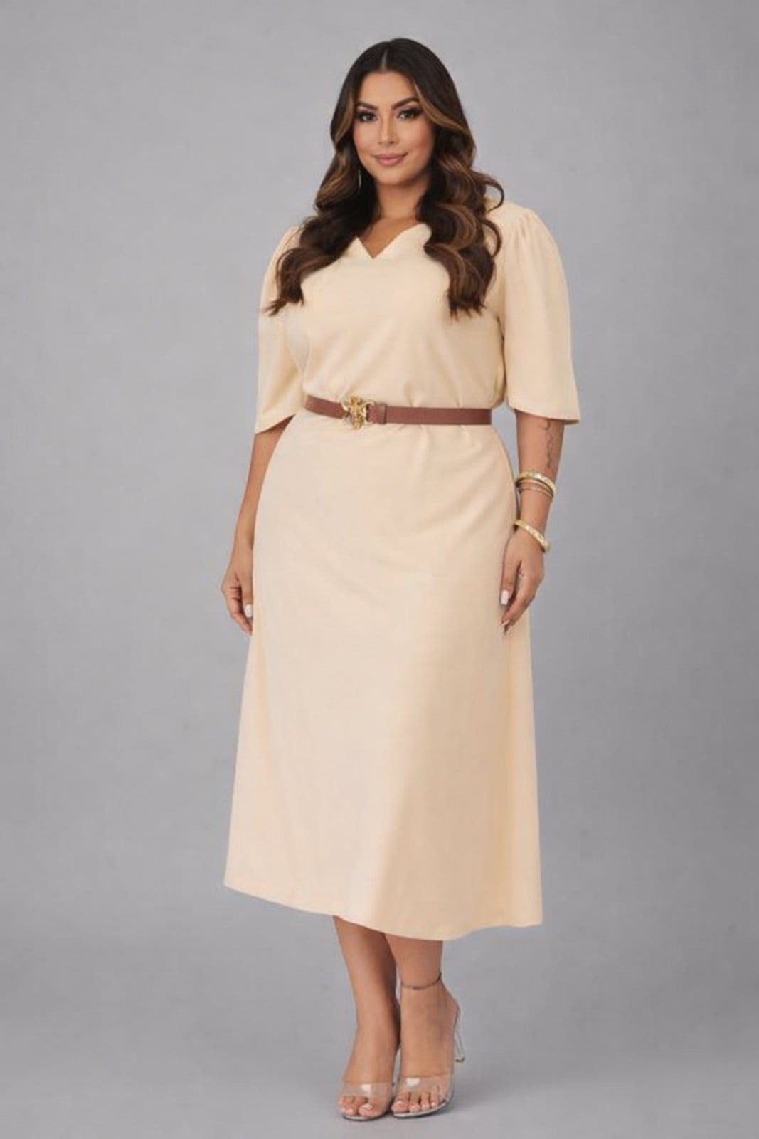 Vestido Midi Plus Size D Bell Outlet Fashion Gola V Com Cinto Claro
