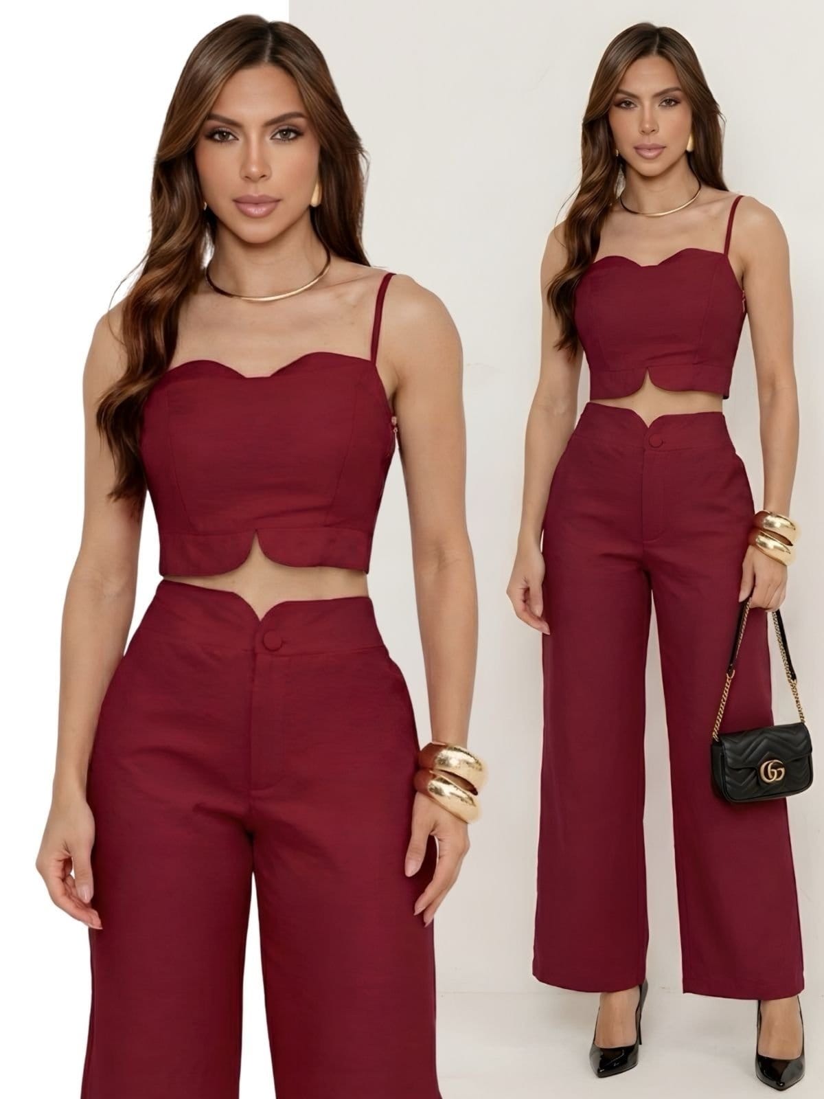 Vista principal Conjunto Feminino Alfaiataria Divina Gata Cropped e Calça Pantalona Barolo DIVINA GATA vermelho